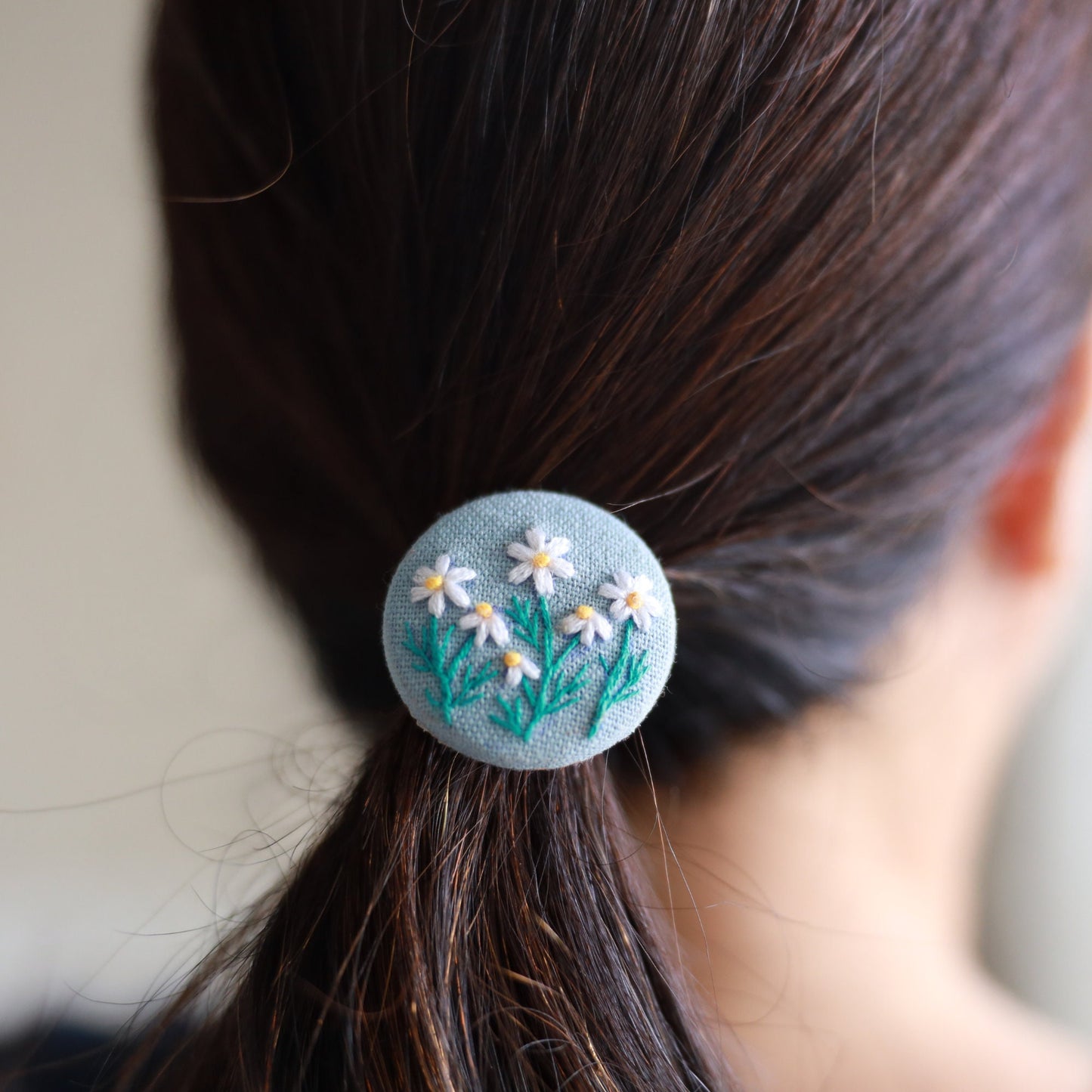 Floral Embroidered Button Hair Tie