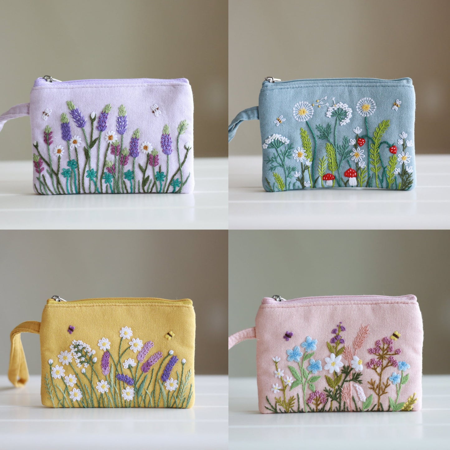 Hand Embroidered Coin Purse Wristlet with Flower Embroidery