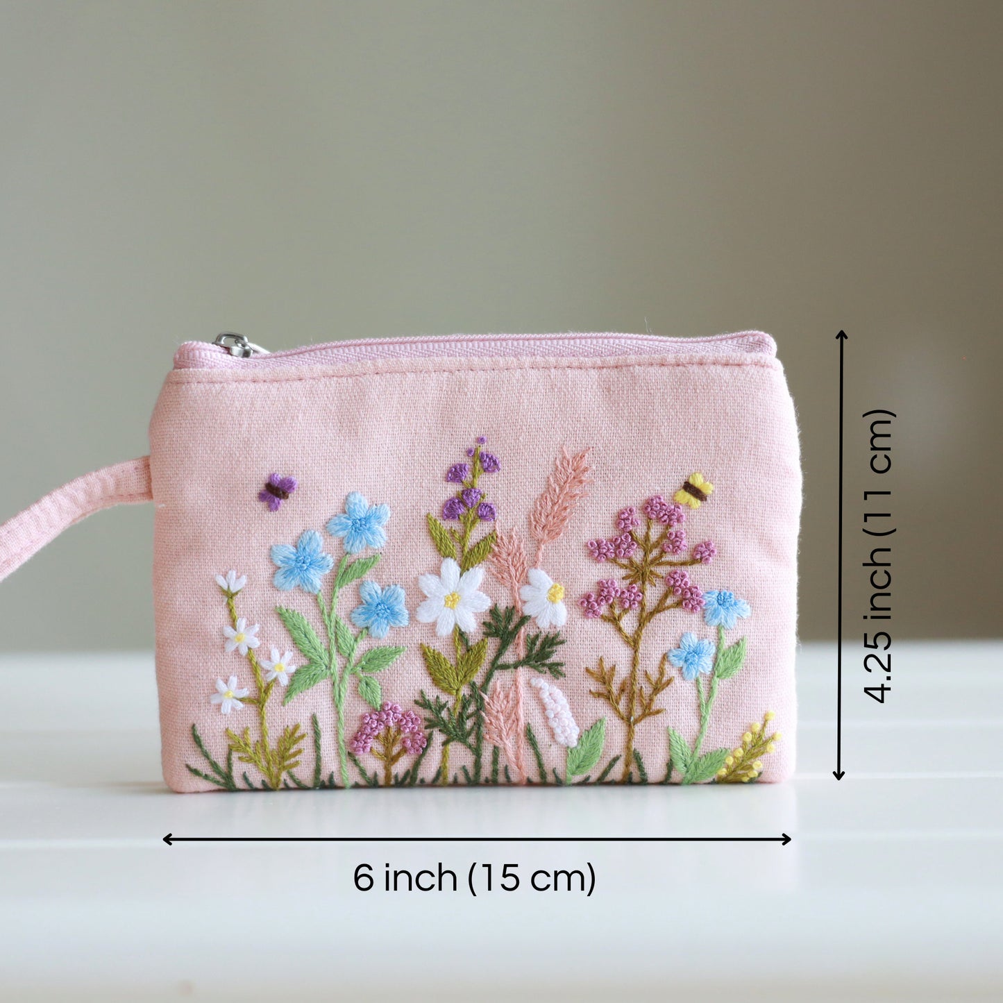 Hand Embroidered Coin Purse Wristlet with Flower Embroidery