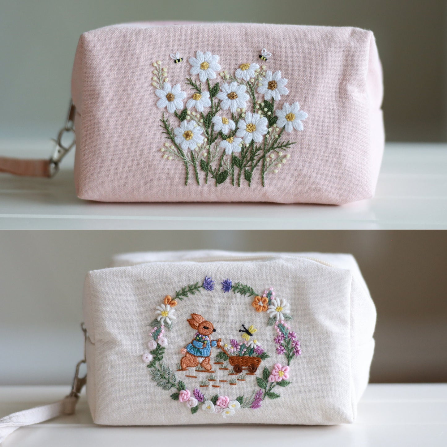 Hand Embroidered Makeup Bag with Flower Embroidery