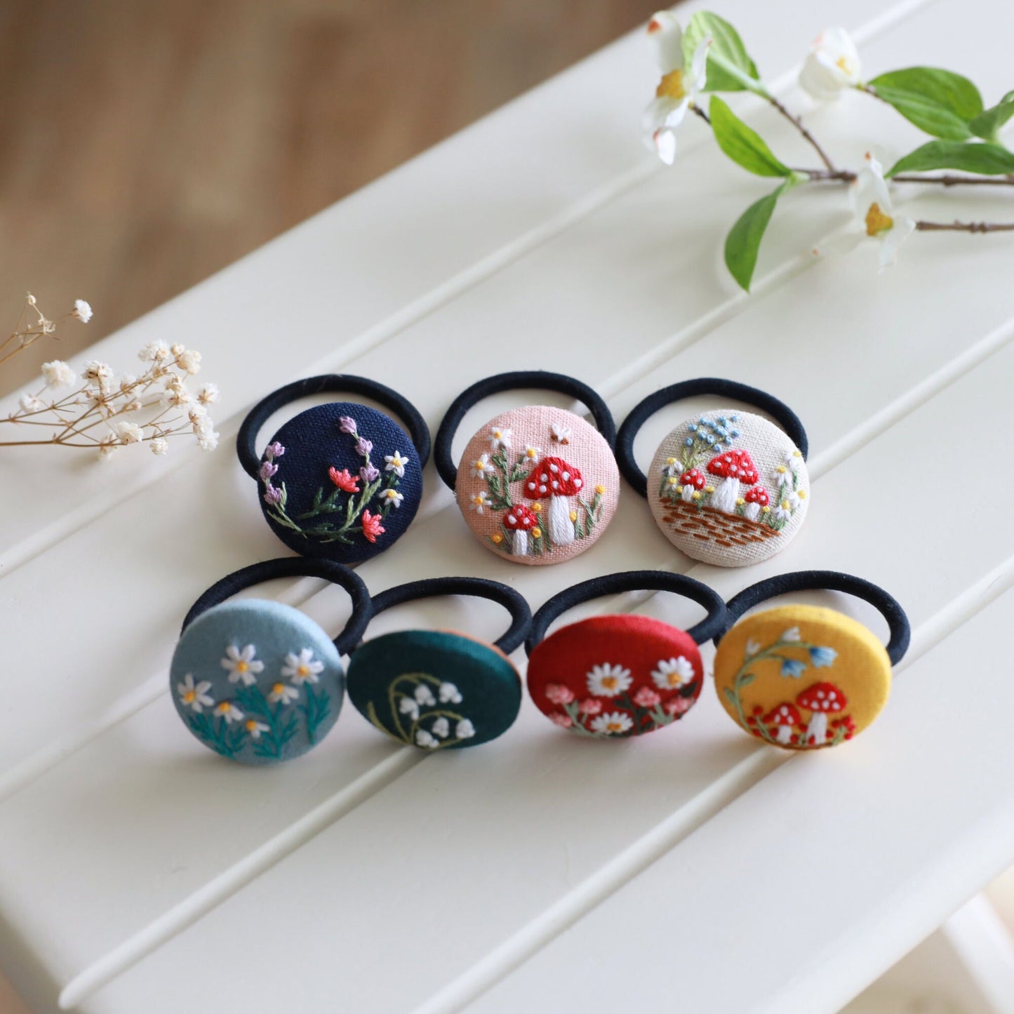 Floral Embroidered Button Hair Tie