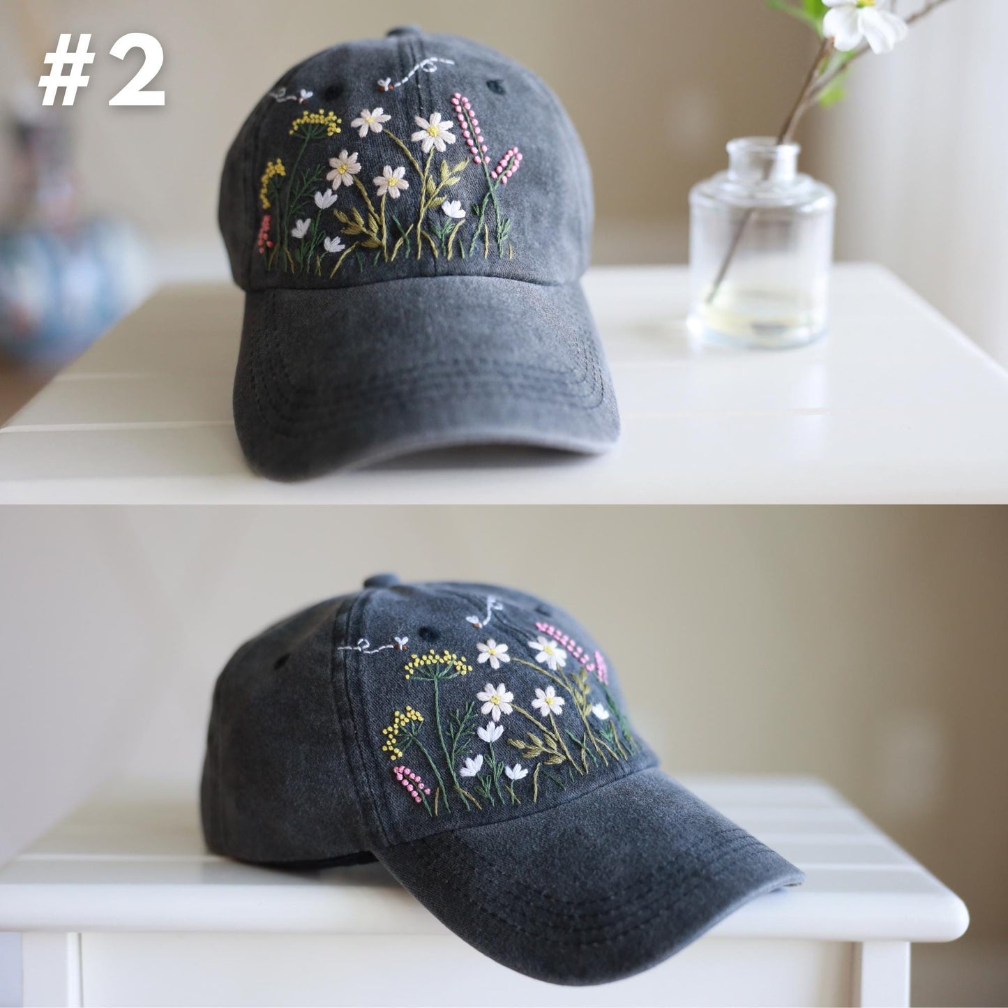 Floral Hand Embroidered Baseball Cap, Unstructured, Adjustable