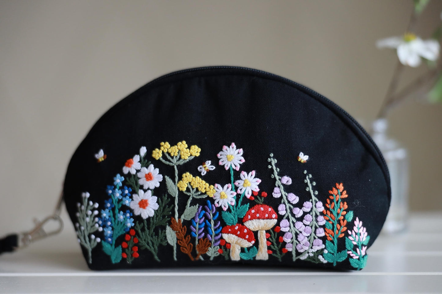 Hand Embroidered Coin Purse Wristlet with Flower Embroidery