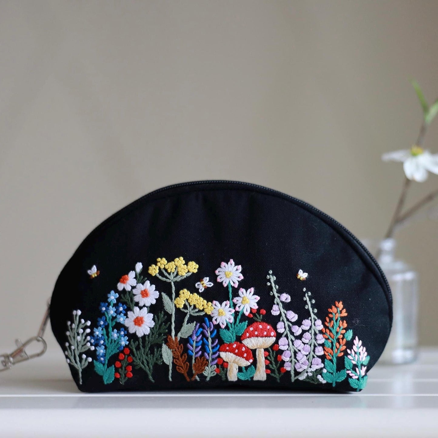 Hand Embroidered Coin Purse Wristlet with Flower Embroidery