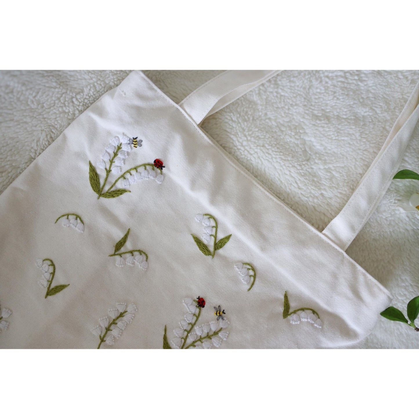 Lily of the Valley Embroidered Tote Bag With Zipper. Eco-friendly Floral Canvas Tote Bag. Cute & Aesthetic Tote Bag in Natural