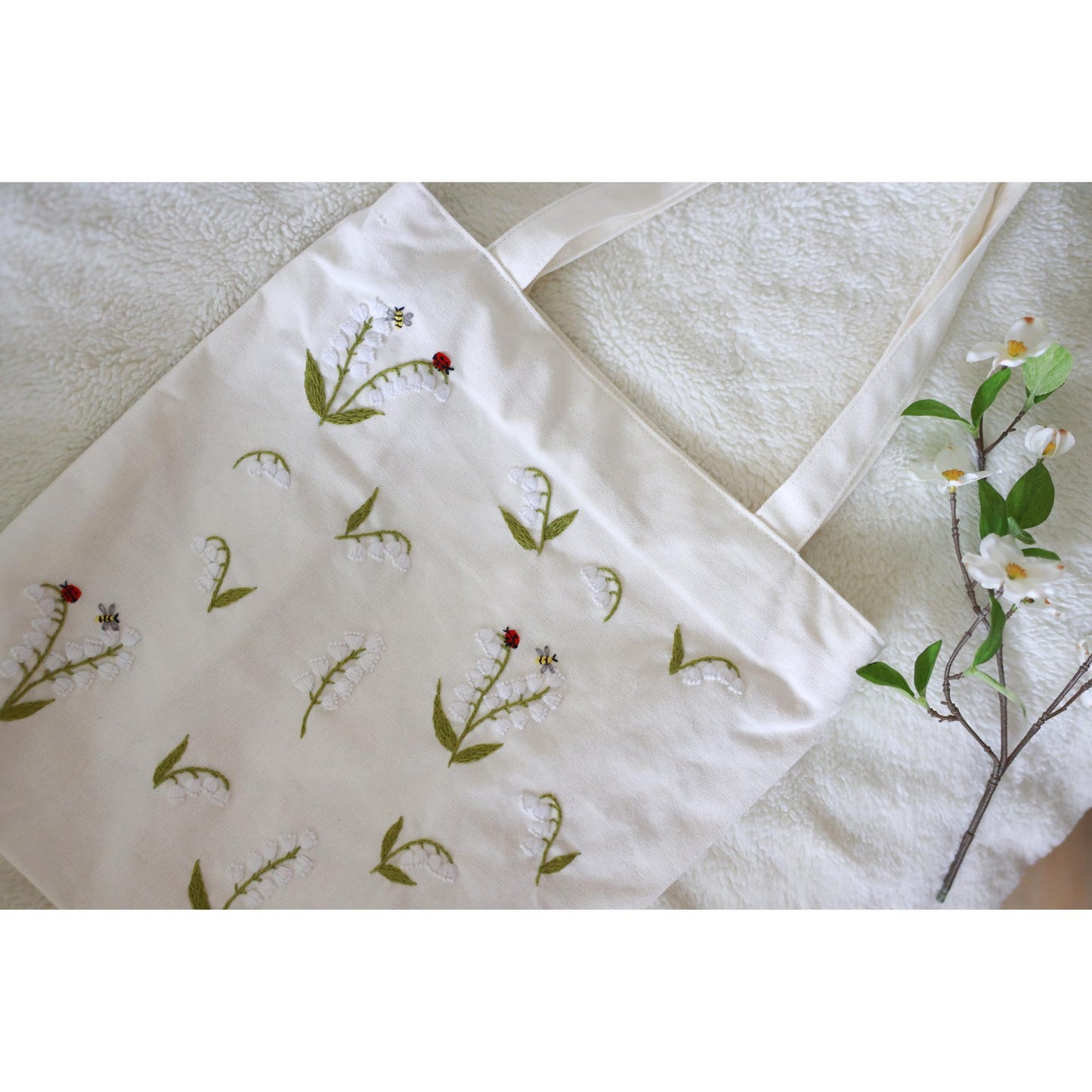 Lily of the Valley Embroidered Tote Bag With Zipper. Eco-friendly Floral Canvas Tote Bag. Cute & Aesthetic Tote Bag in Natural