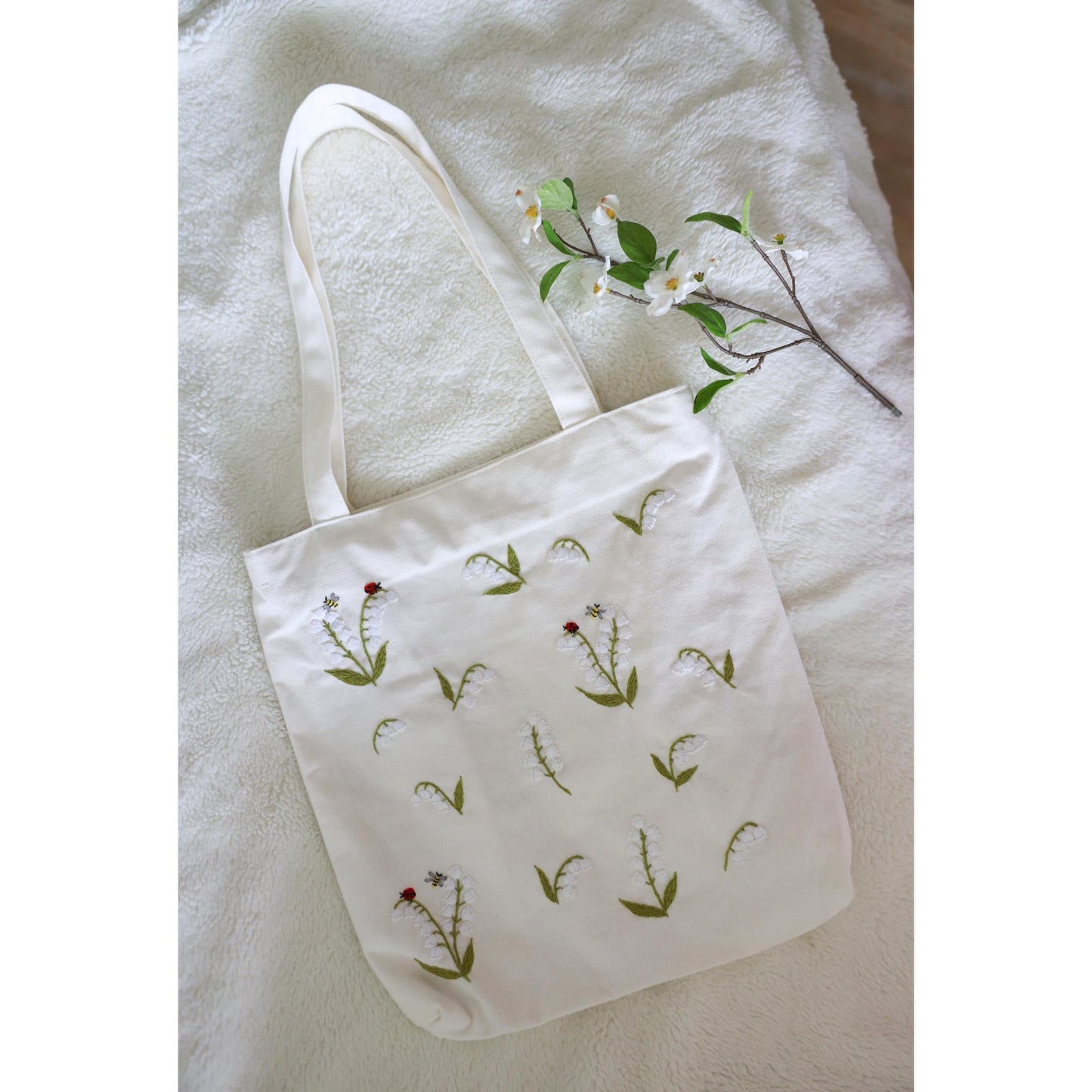 Lily of the Valley Embroidered Tote Bag With Zipper. Eco-friendly Floral Canvas Tote Bag. Cute & Aesthetic Tote Bag in Natural