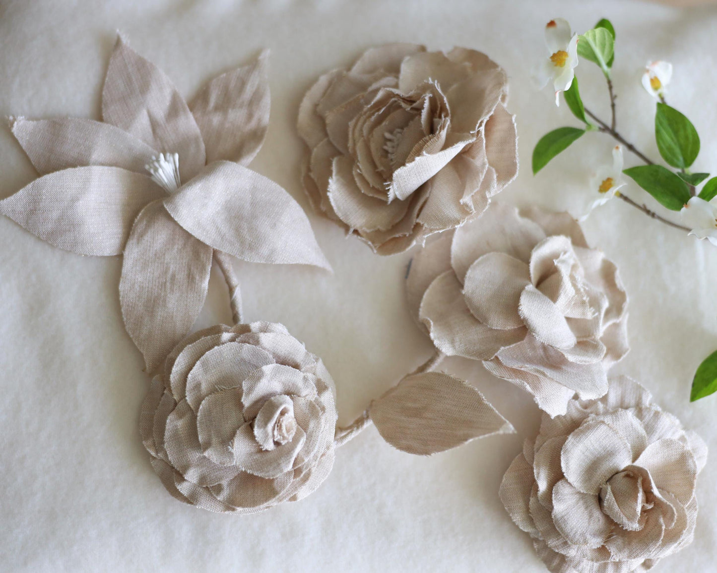 Linen Flower Brooch in Neutral Beige