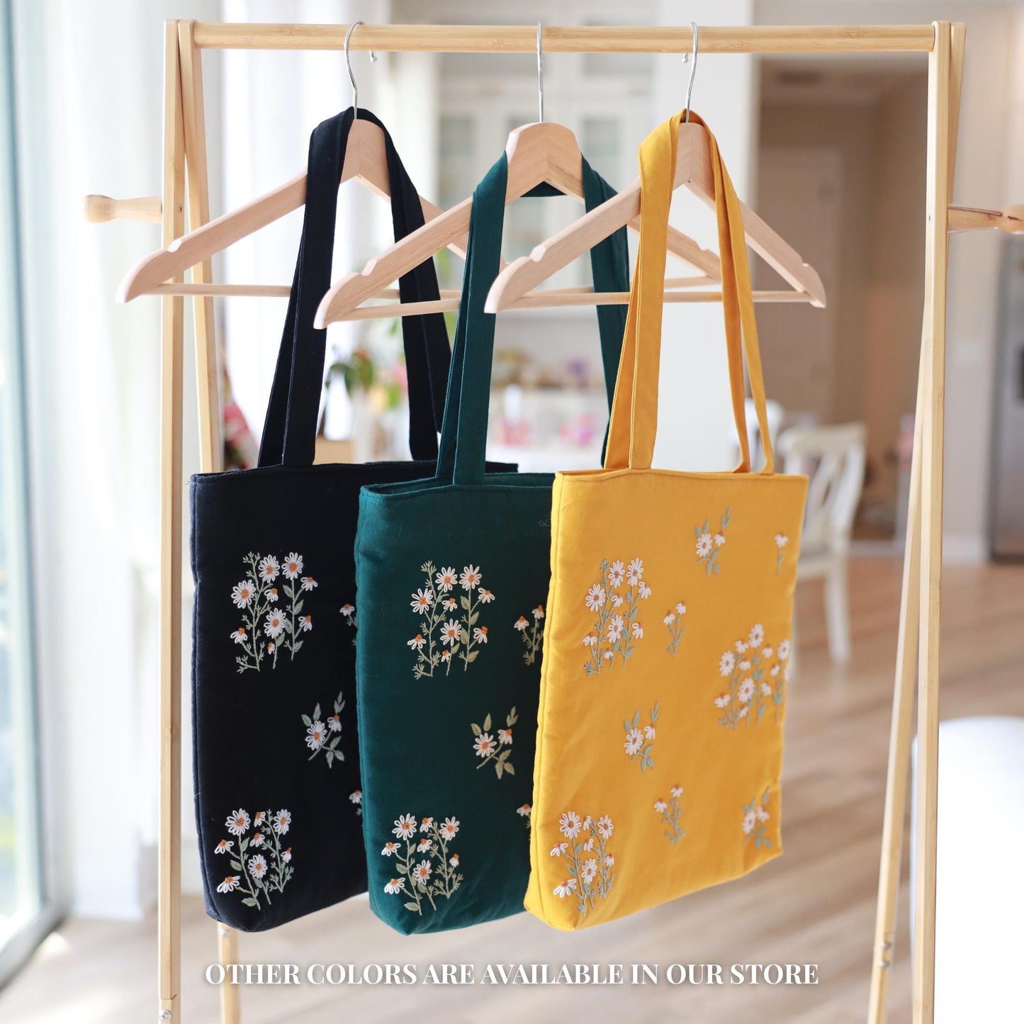 Forest Green Hand Embroidered Daisy Linen Tote Bag