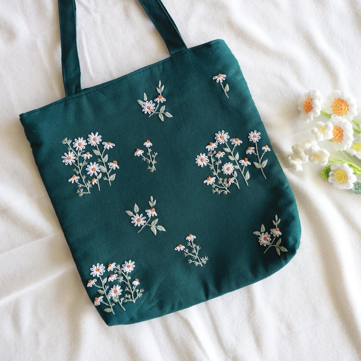 Forest Green Hand Embroidered Daisy Linen Tote Bag
