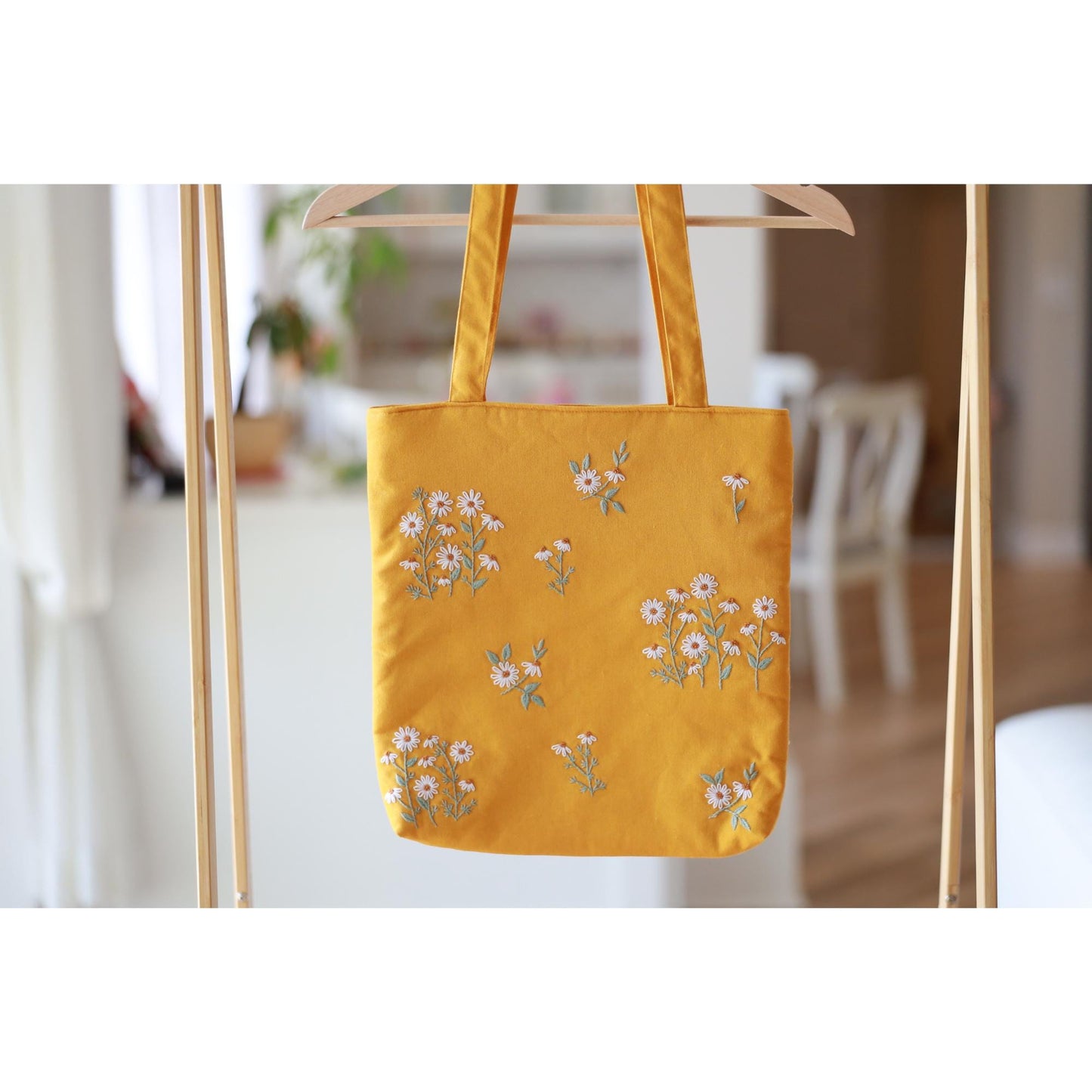 Mustard Yellow Hand Embroidered Daisy Linen Tote Bag