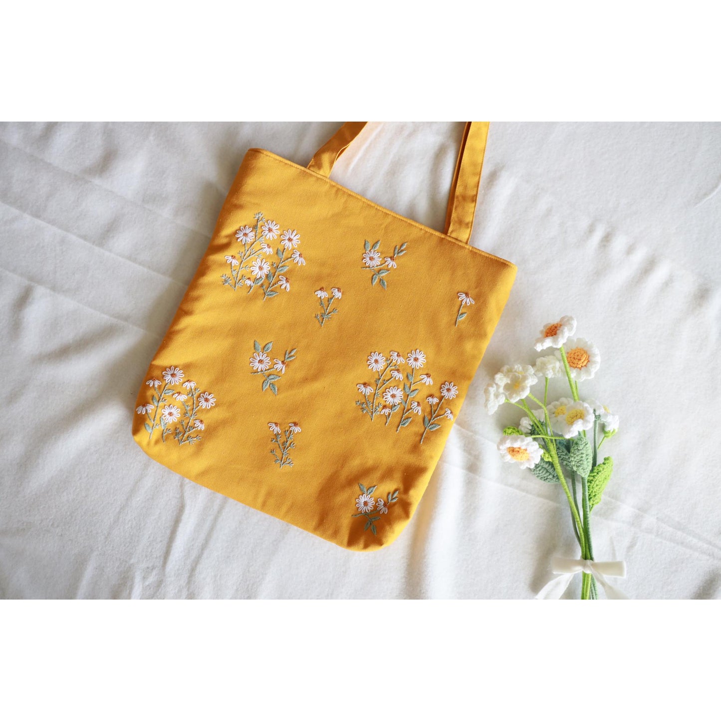 Mustard Yellow Hand Embroidered Daisy Linen Tote Bag