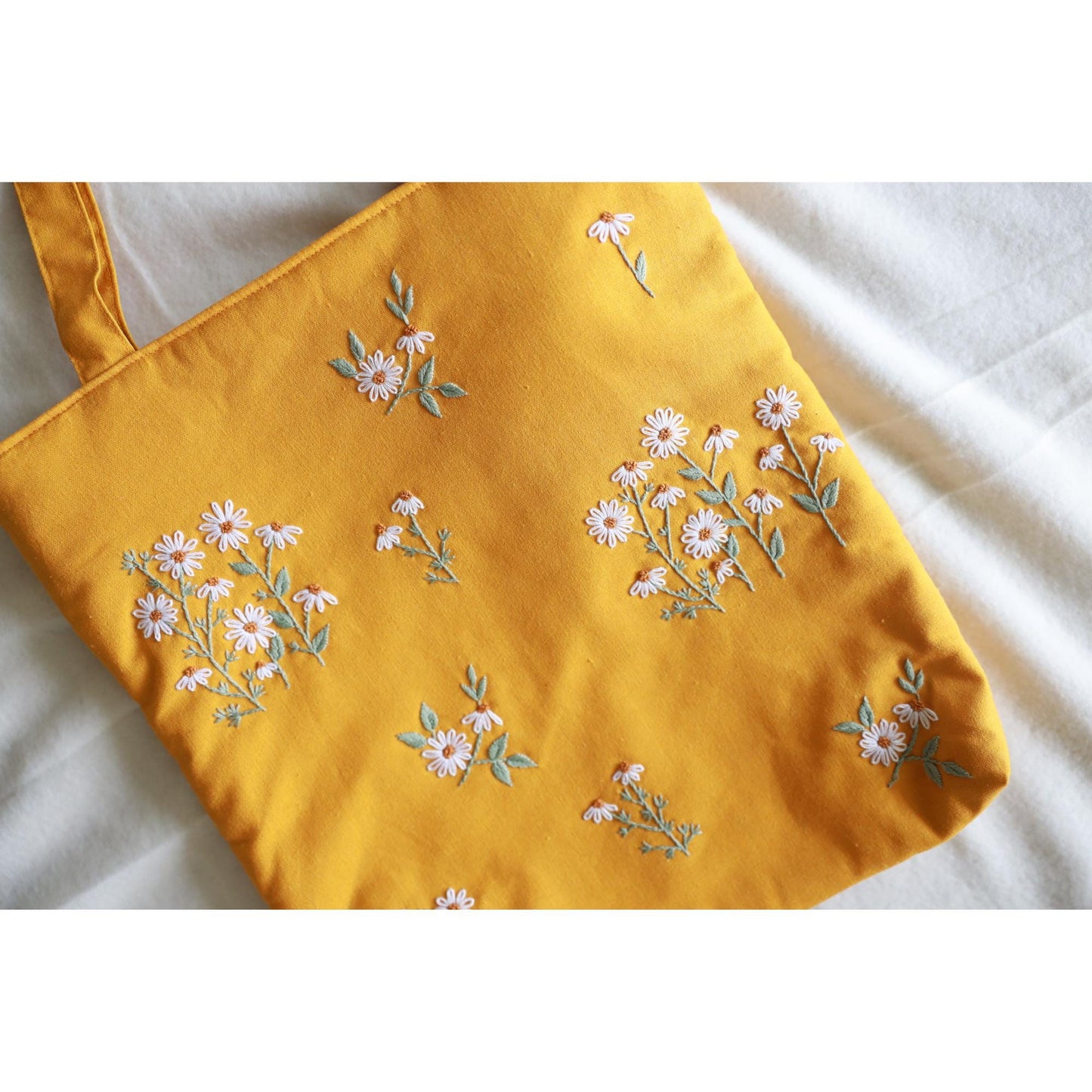 Mustard Yellow Hand Embroidered Daisy Linen Tote Bag