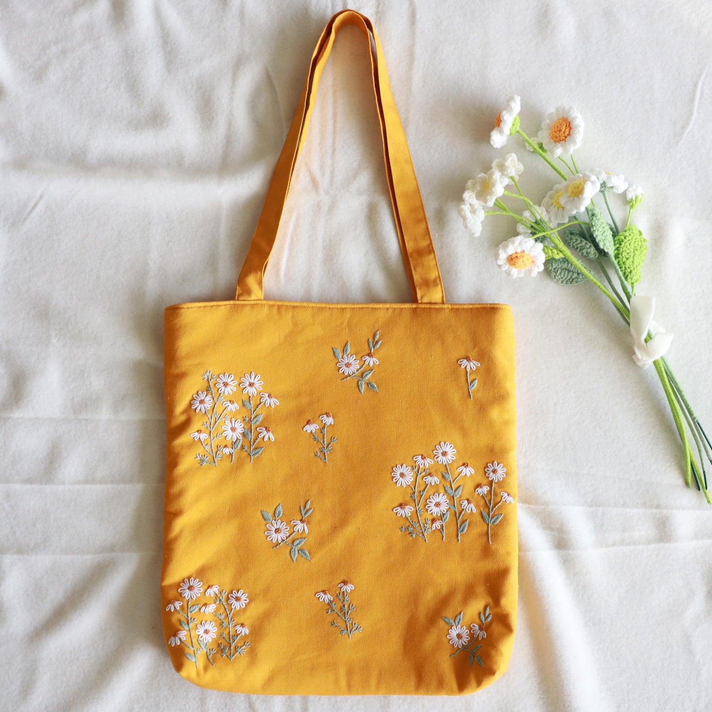 Mustard Yellow Hand Embroidered Daisy Linen Tote Bag