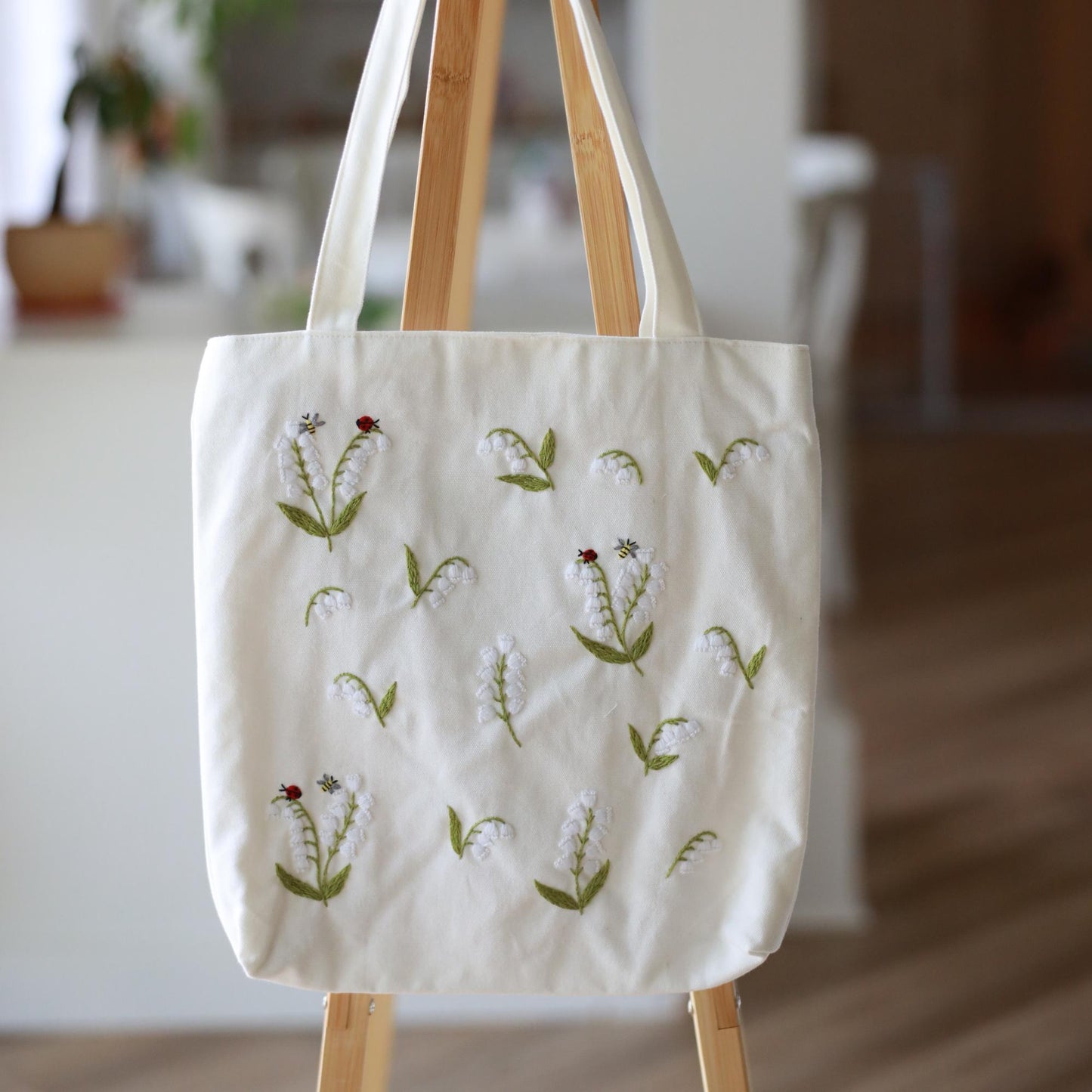 Lily of the Valley Embroidered Tote Bag With Zipper. Eco-friendly Floral Canvas Tote Bag. Cute & Aesthetic Tote Bag in Natural