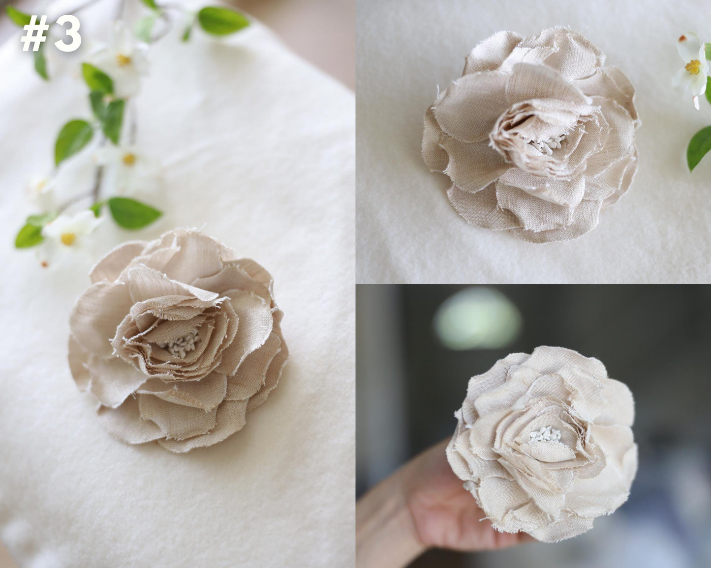 Linen Flower Brooch in Neutral Beige