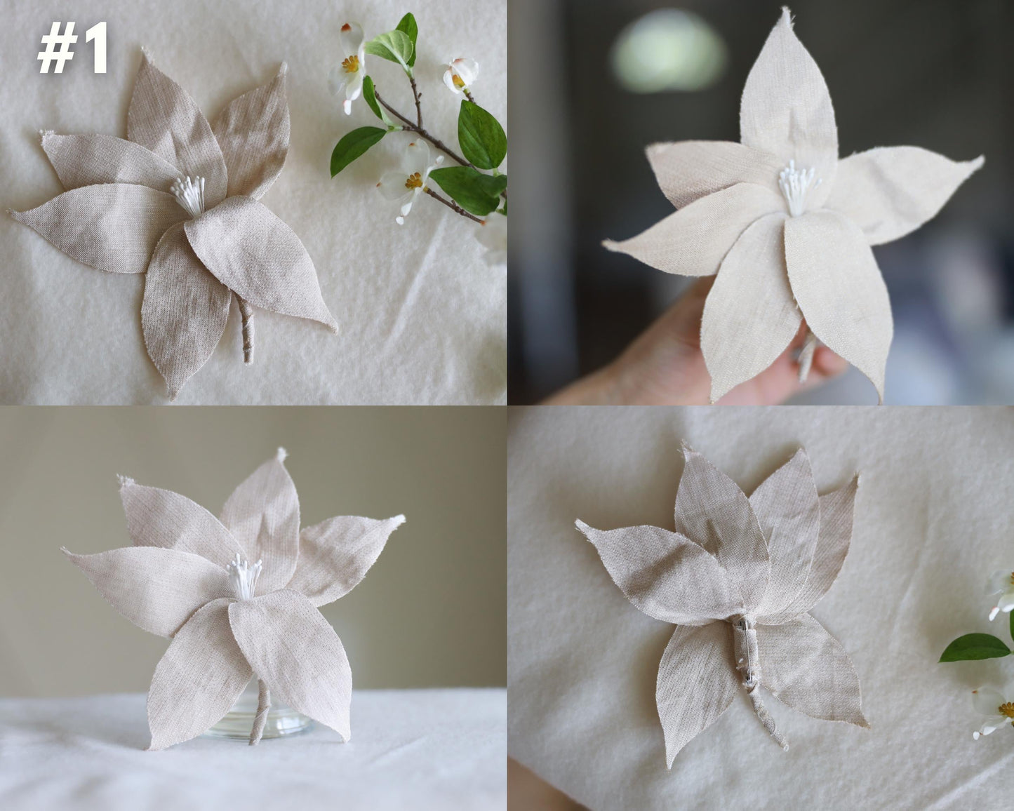 Linen Flower Brooch in Neutral Beige