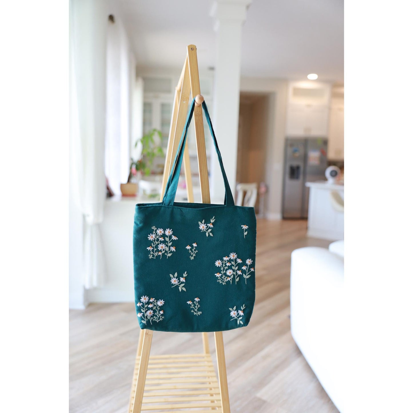 Forest Green Hand Embroidered Daisy Linen Tote Bag