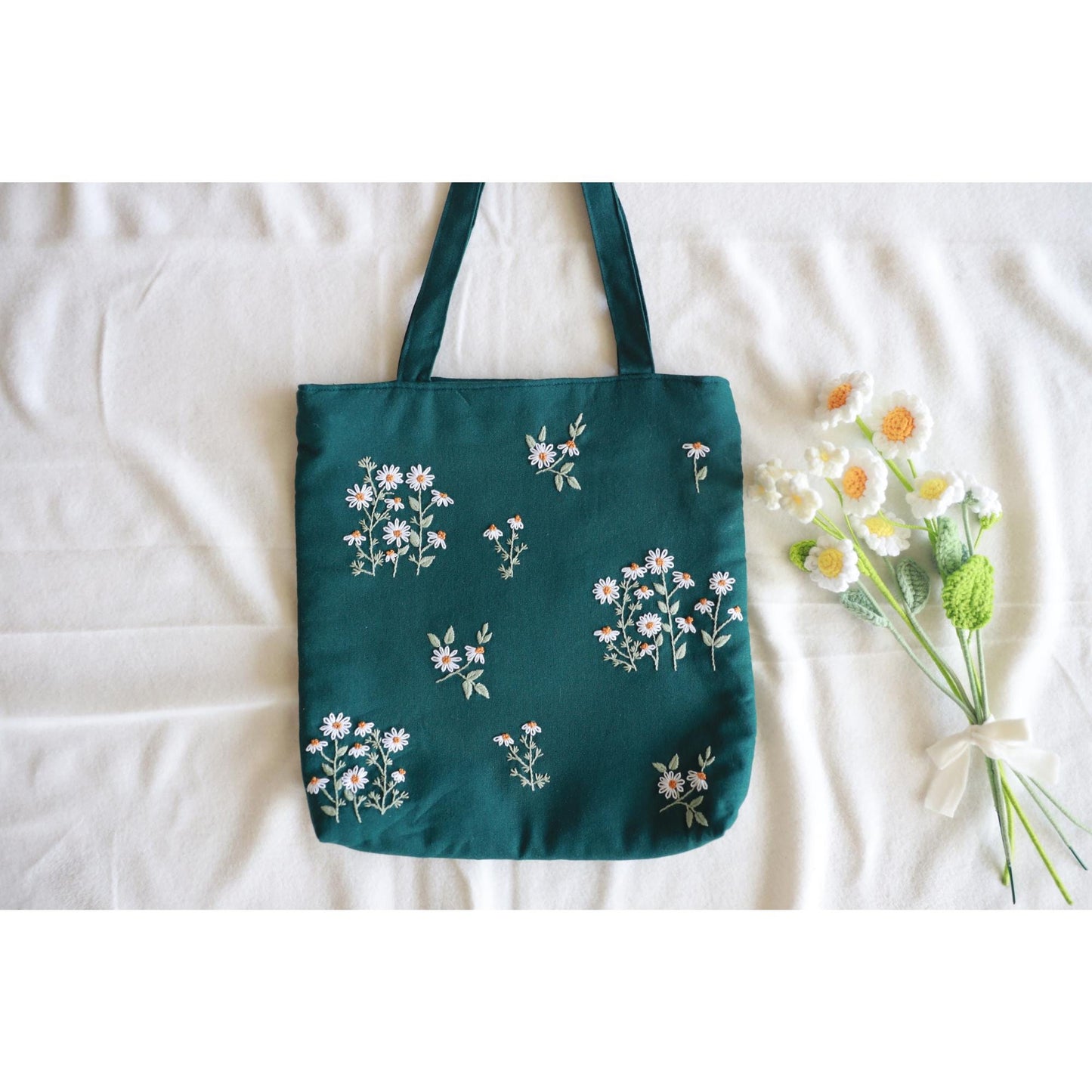 Forest Green Hand Embroidered Daisy Linen Tote Bag