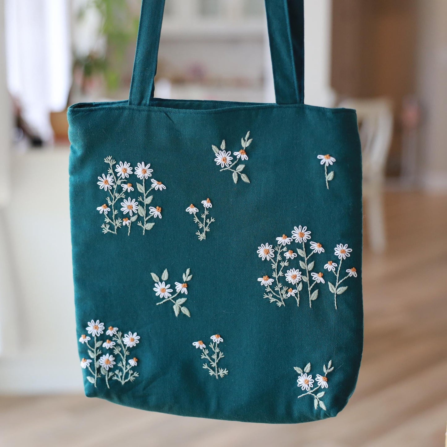 Forest Green Hand Embroidered Daisy Linen Tote Bag