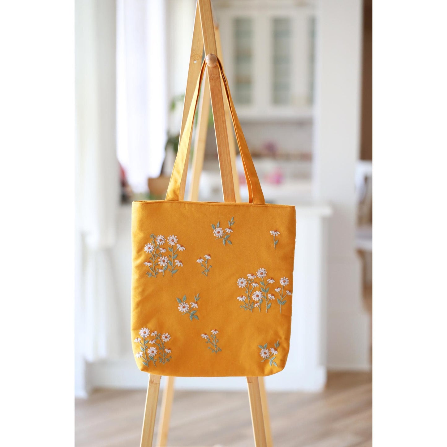 Mustard Yellow Hand Embroidered Daisy Linen Tote Bag