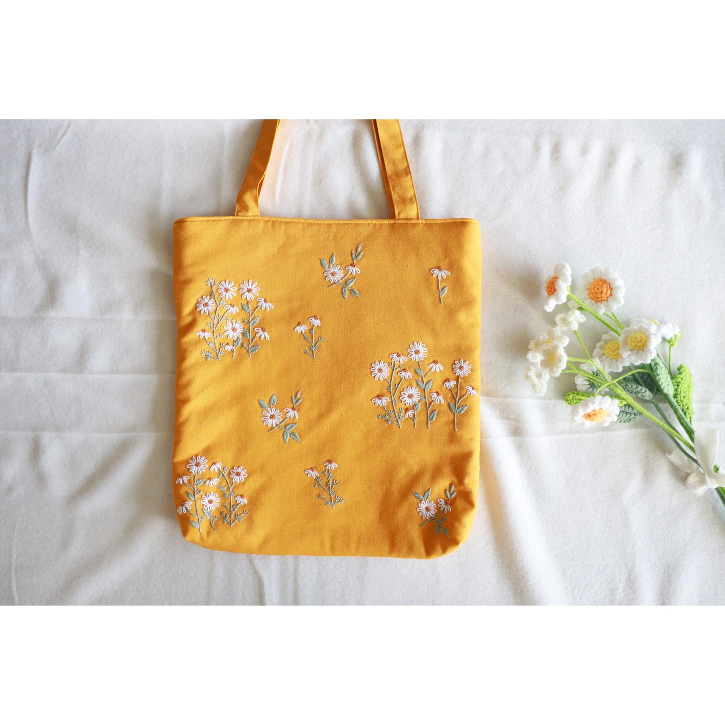 Mustard Yellow Hand Embroidered Daisy Linen Tote Bag