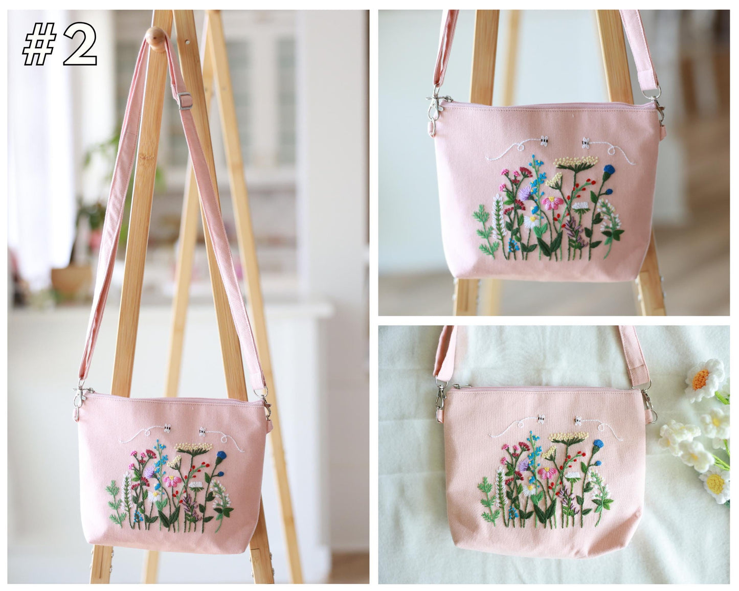 Hand Embroidered Floral Crossbody Bag | Linen Shoulder Bag | Convertible Purse with Adjustable Strap & Zipper | Gift for Her