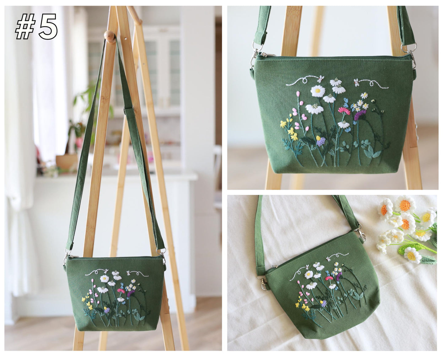 Hand Embroidered Floral Crossbody Bag | Linen Shoulder Bag | Convertible Purse with Adjustable Strap & Zipper | Gift for Her