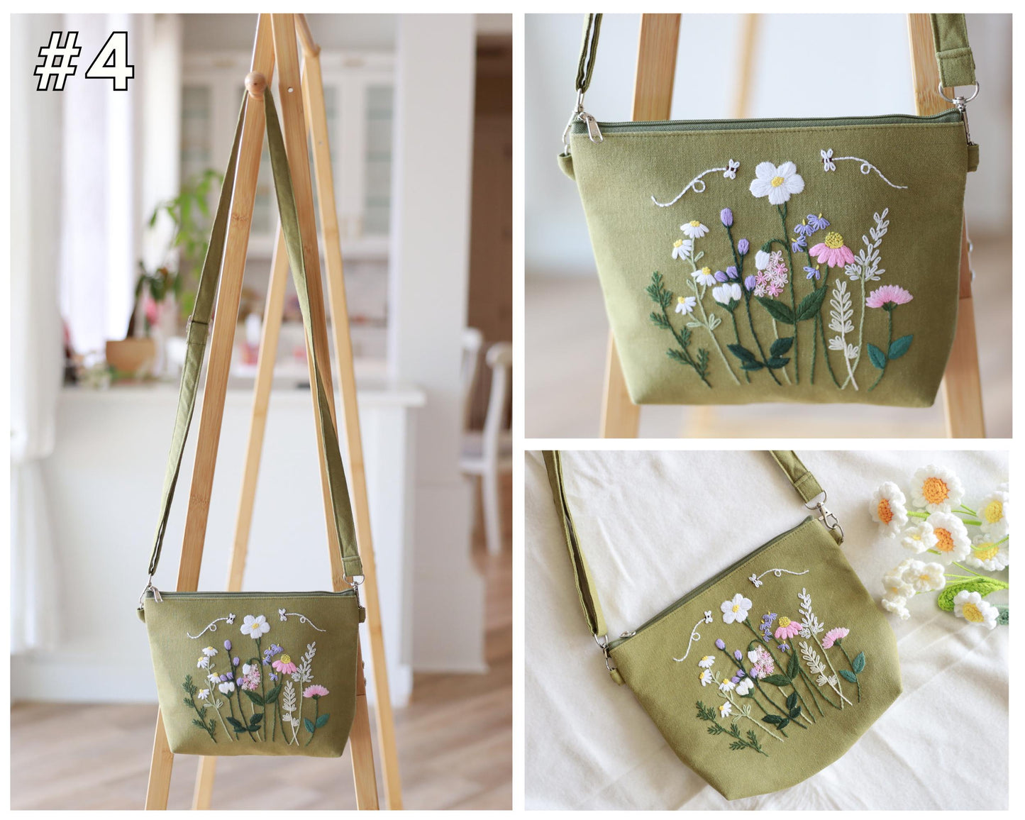 Hand Embroidered Floral Crossbody Bag | Linen Shoulder Bag | Convertible Purse with Adjustable Strap & Zipper | Gift for Her