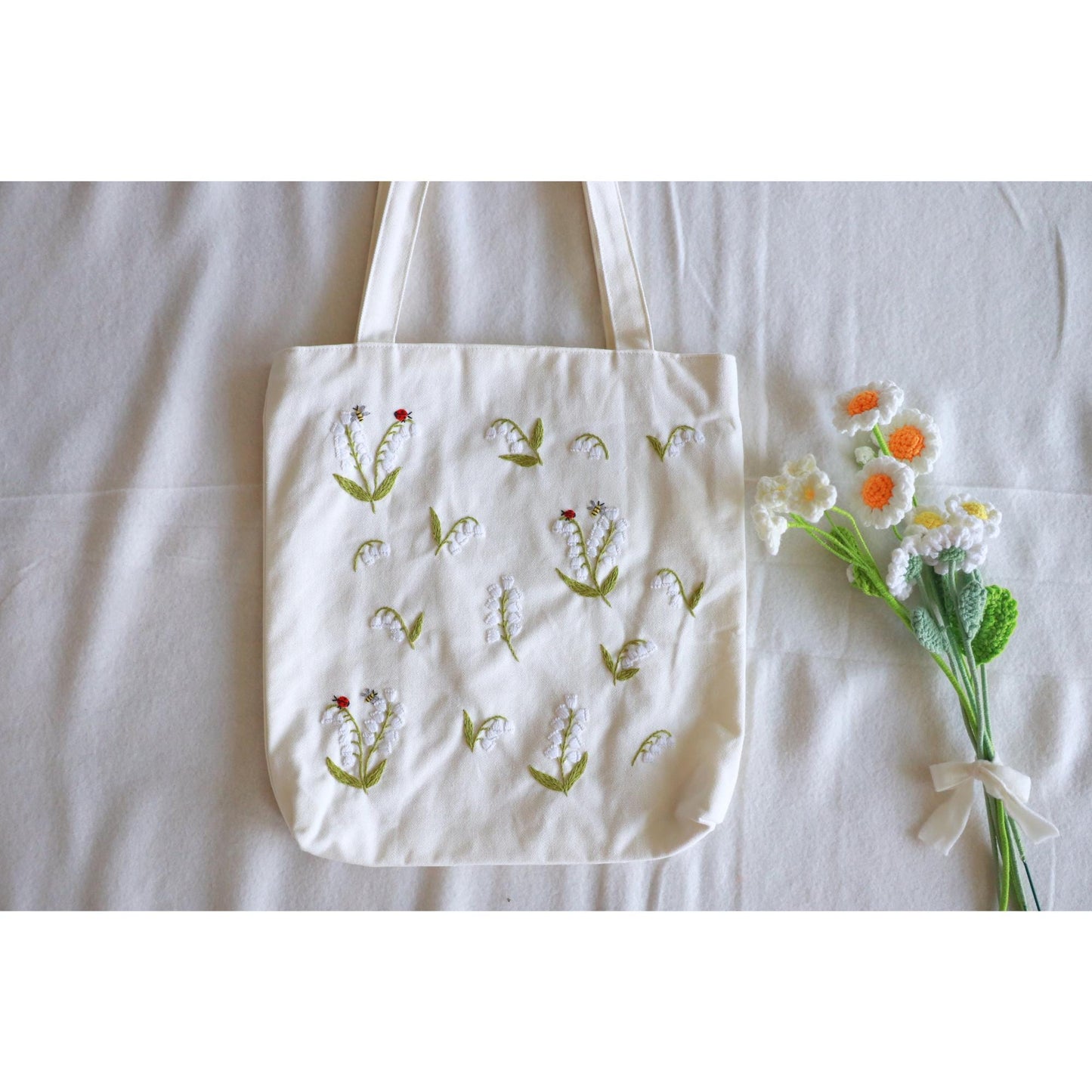 Lily of the Valley Embroidered Tote Bag With Zipper. Eco-friendly Floral Canvas Tote Bag. Cute & Aesthetic Tote Bag in Natural
