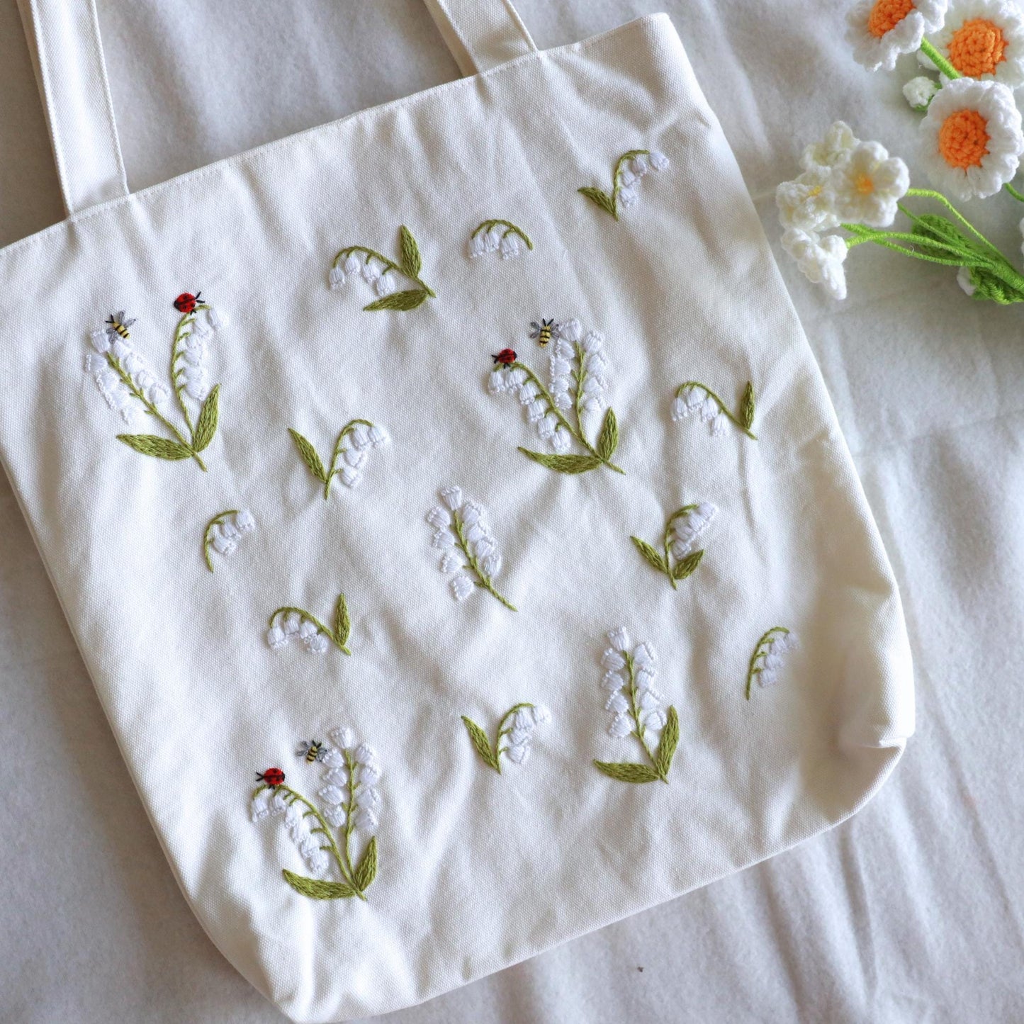 Lily of the Valley Embroidered Tote Bag With Zipper. Eco-friendly Floral Canvas Tote Bag. Cute & Aesthetic Tote Bag in Natural