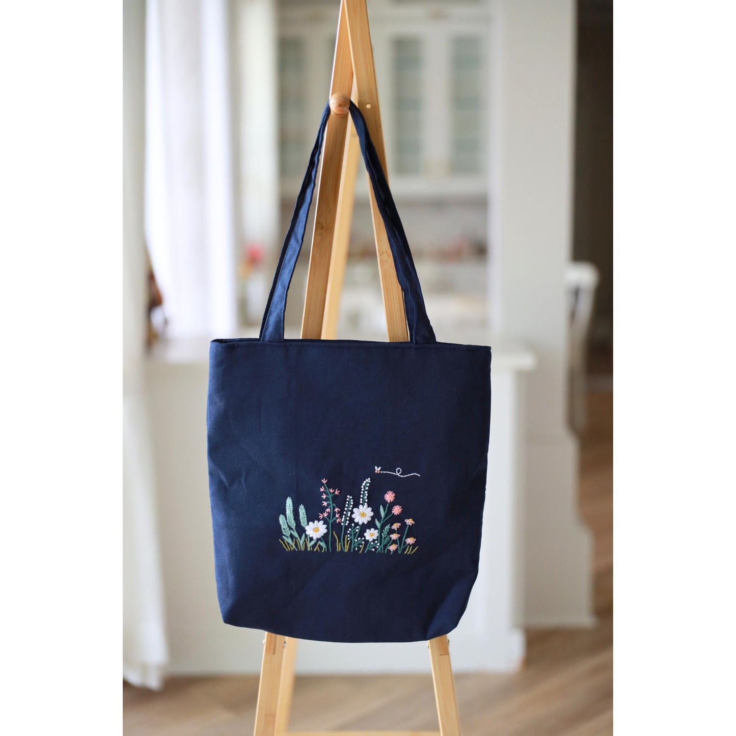 Dark Navy Linen Tote With Hand Embroidered Wildflowers