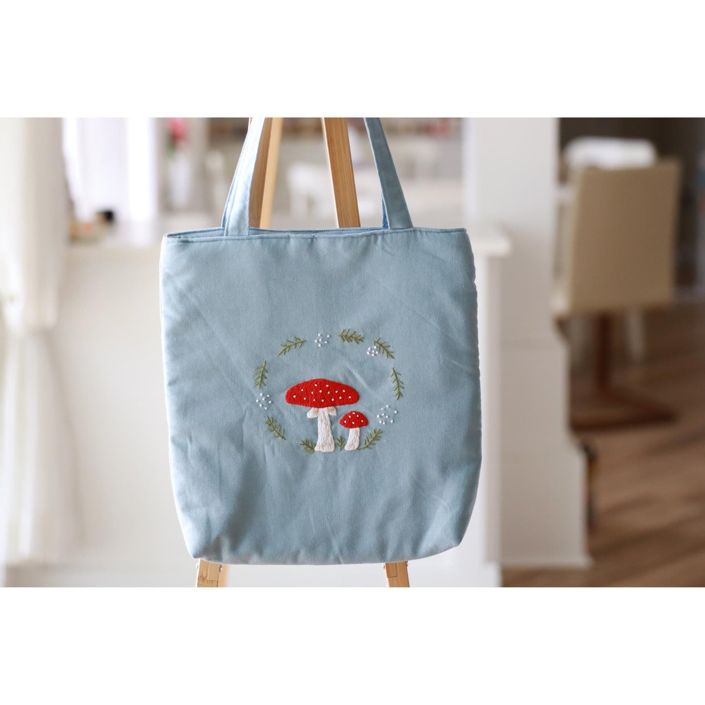 Light Blue Hand Embroidered Mushroom Tote Bag | Handmade Floral Linen Bag | Aesthetic Gift for Her | Christmas Gift