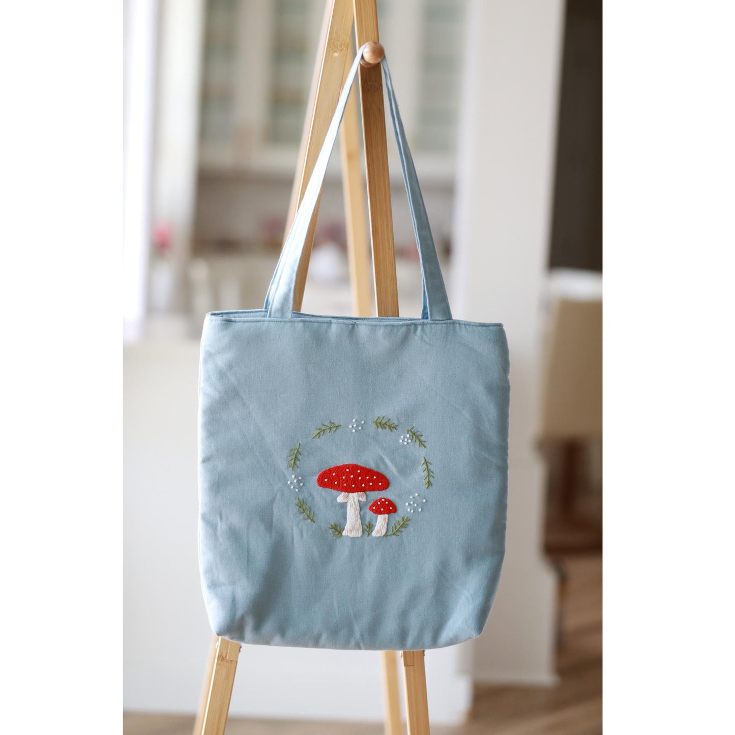 Light Blue Hand Embroidered Mushroom Tote Bag | Handmade Floral Linen Bag | Aesthetic Gift for Her | Christmas Gift