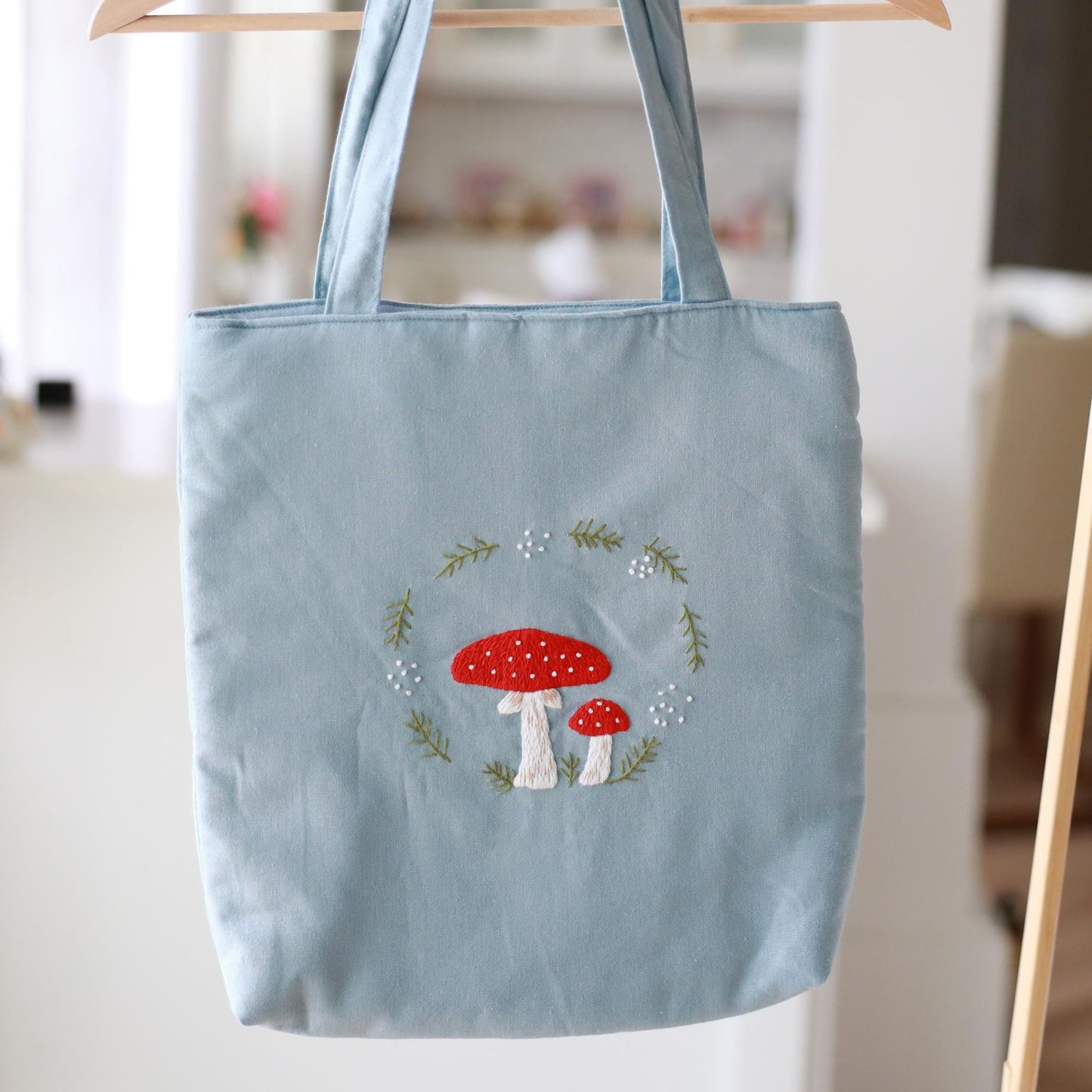 Light Blue Hand Embroidered Mushroom Tote Bag | Handmade Floral Linen Bag | Aesthetic Gift for Her | Christmas Gift