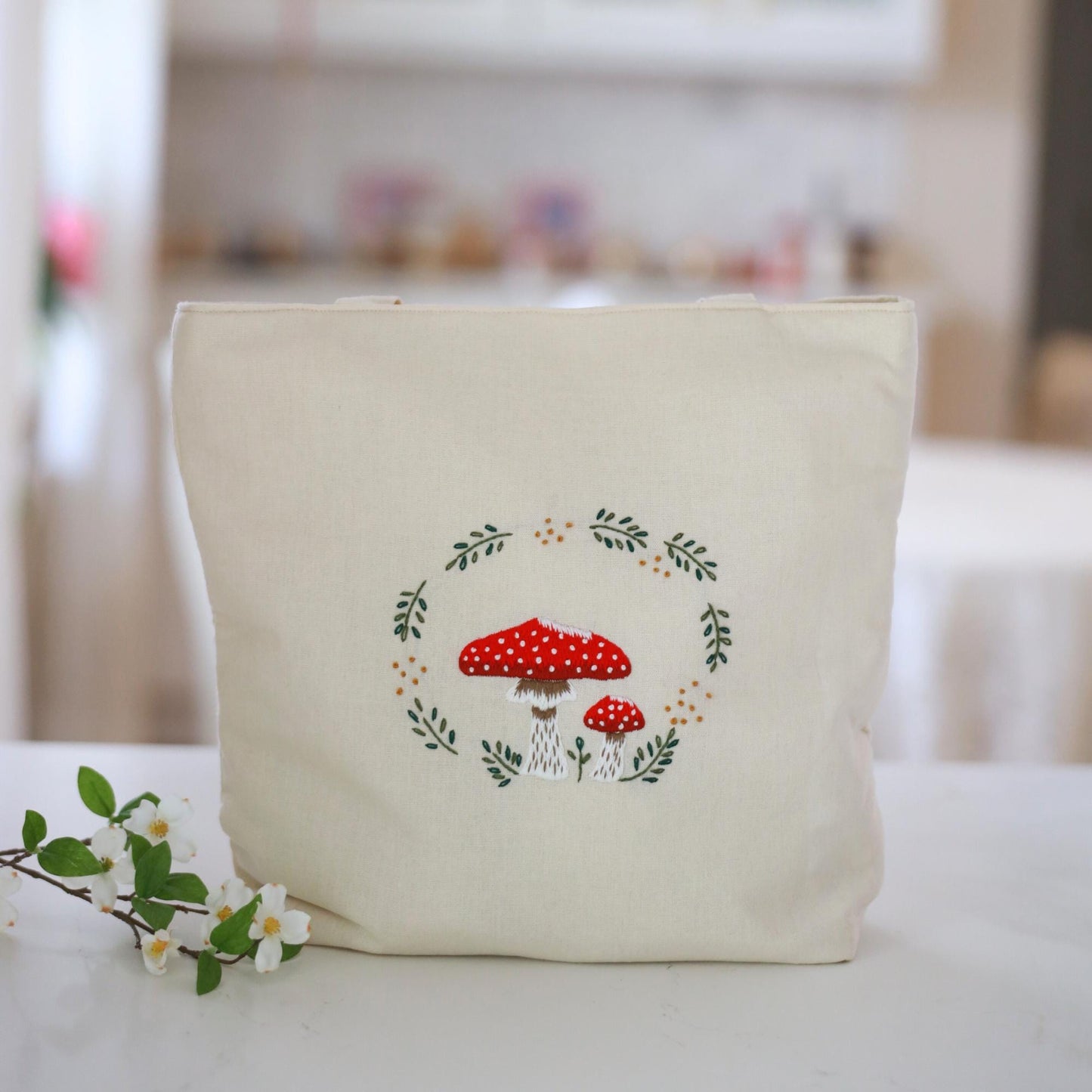 Natural Mushroom Hand Embroidered Tote Bag with Zippers & Pocket | Handmade Floral Linen Bag | Aesthetic Gift for Her | Christmas Gift