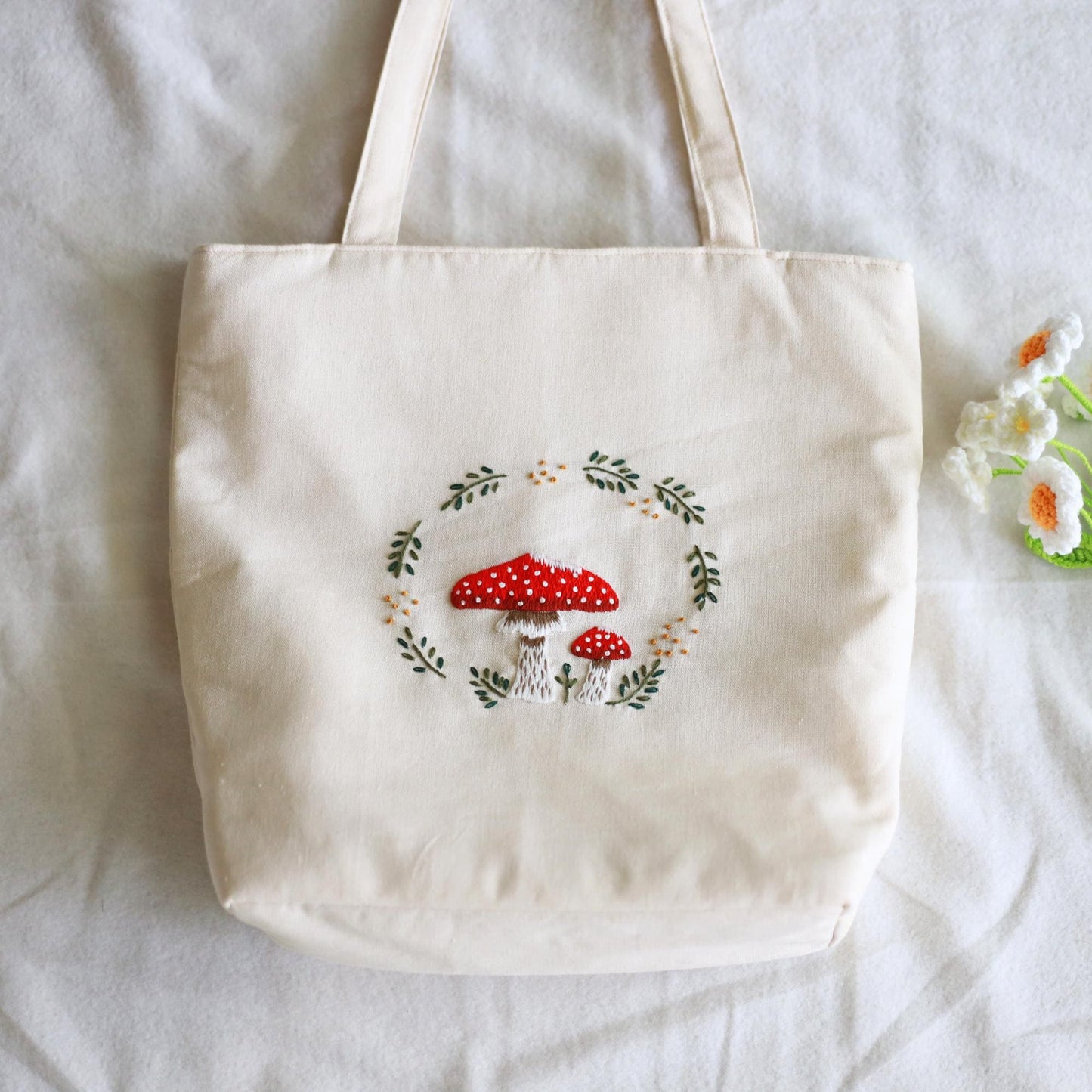 Natural Mushroom Hand Embroidered Tote Bag with Zippers & Pocket | Handmade Floral Linen Bag | Aesthetic Gift for Her | Christmas Gift