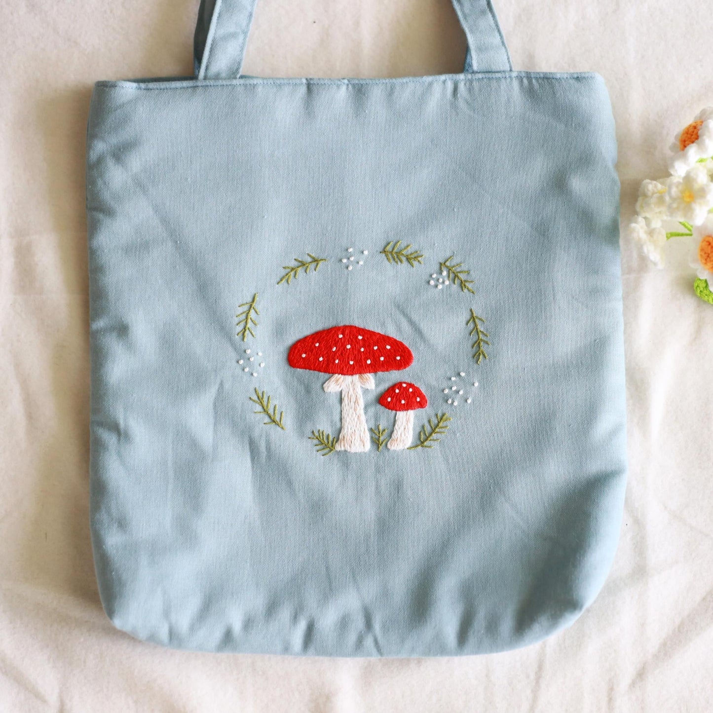 Light Blue Hand Embroidered Mushroom Tote Bag | Handmade Floral Linen Bag | Aesthetic Gift for Her | Christmas Gift