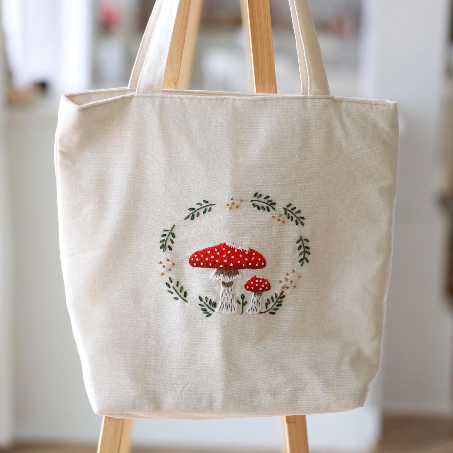 Natural Mushroom Hand Embroidered Tote Bag with Zippers & Pocket | Handmade Floral Linen Bag | Aesthetic Gift for Her | Christmas Gift
