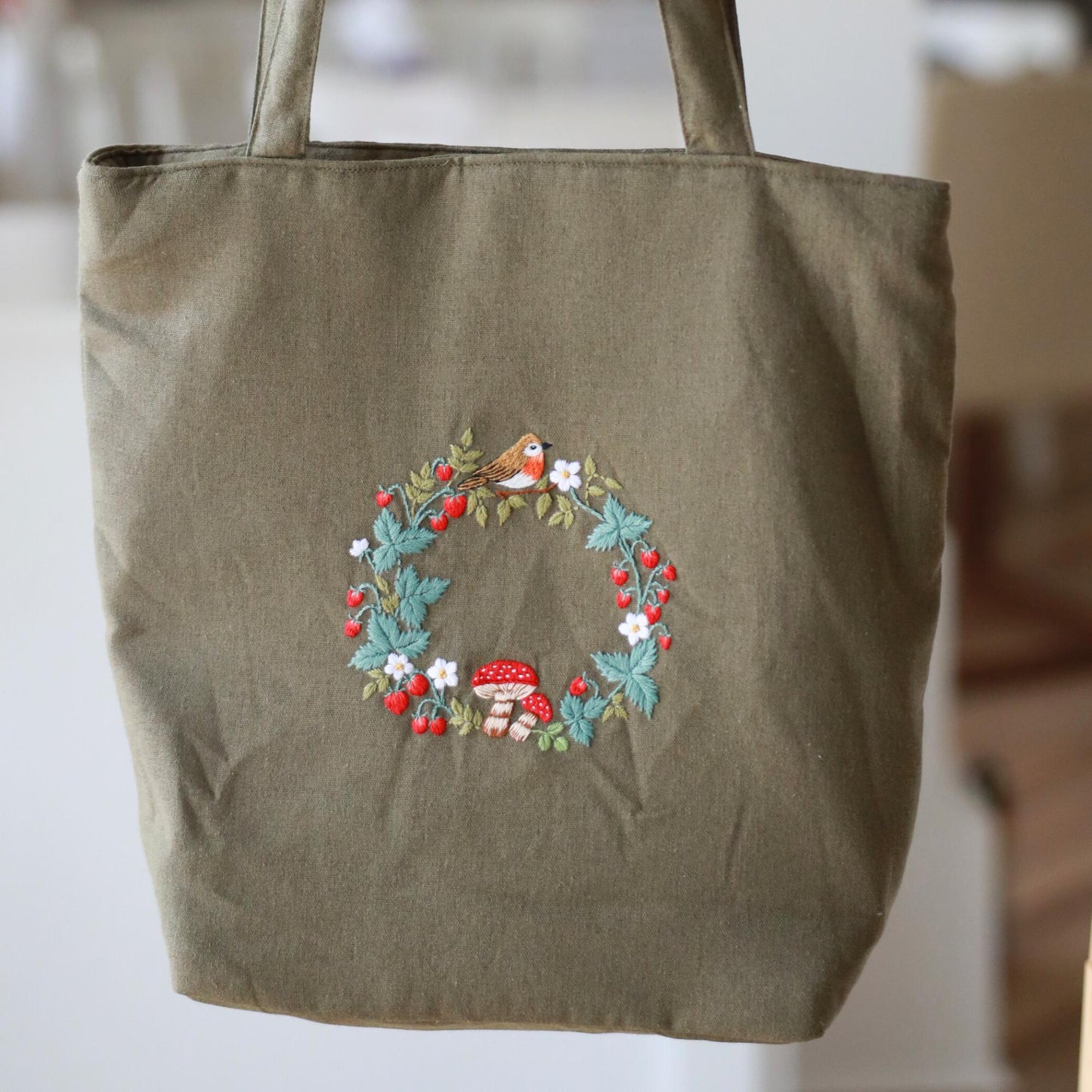 Dark Olive Handmade Tote Bag with Zippers & Pocket | Bird Embroidery | Handmade Floral Linen Bag | Aesthetic Gift for Her | Christmas Gift