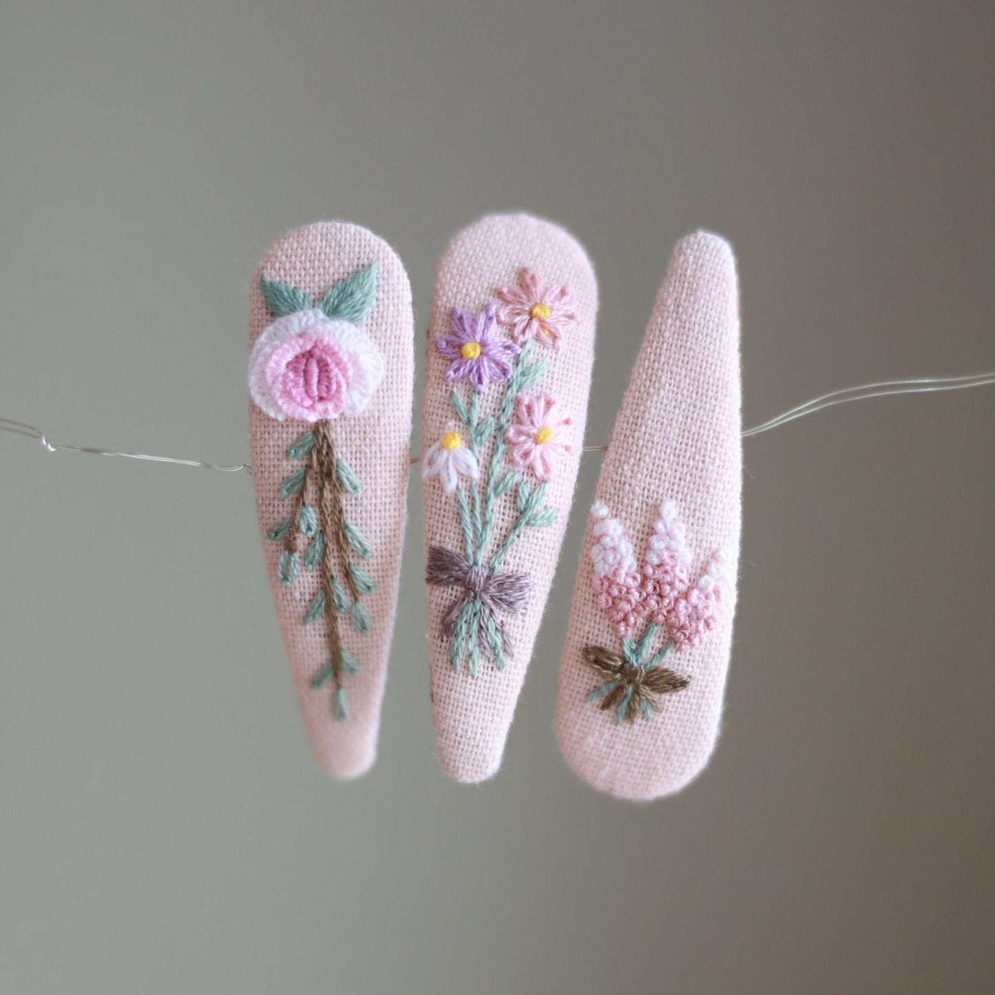Hand Embroidered Pink Pastel Hair Clips