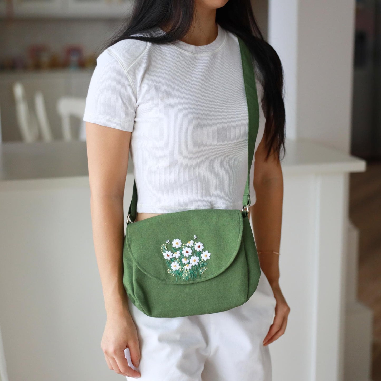 Moss Green Hand Embroidered Crossbody Bag