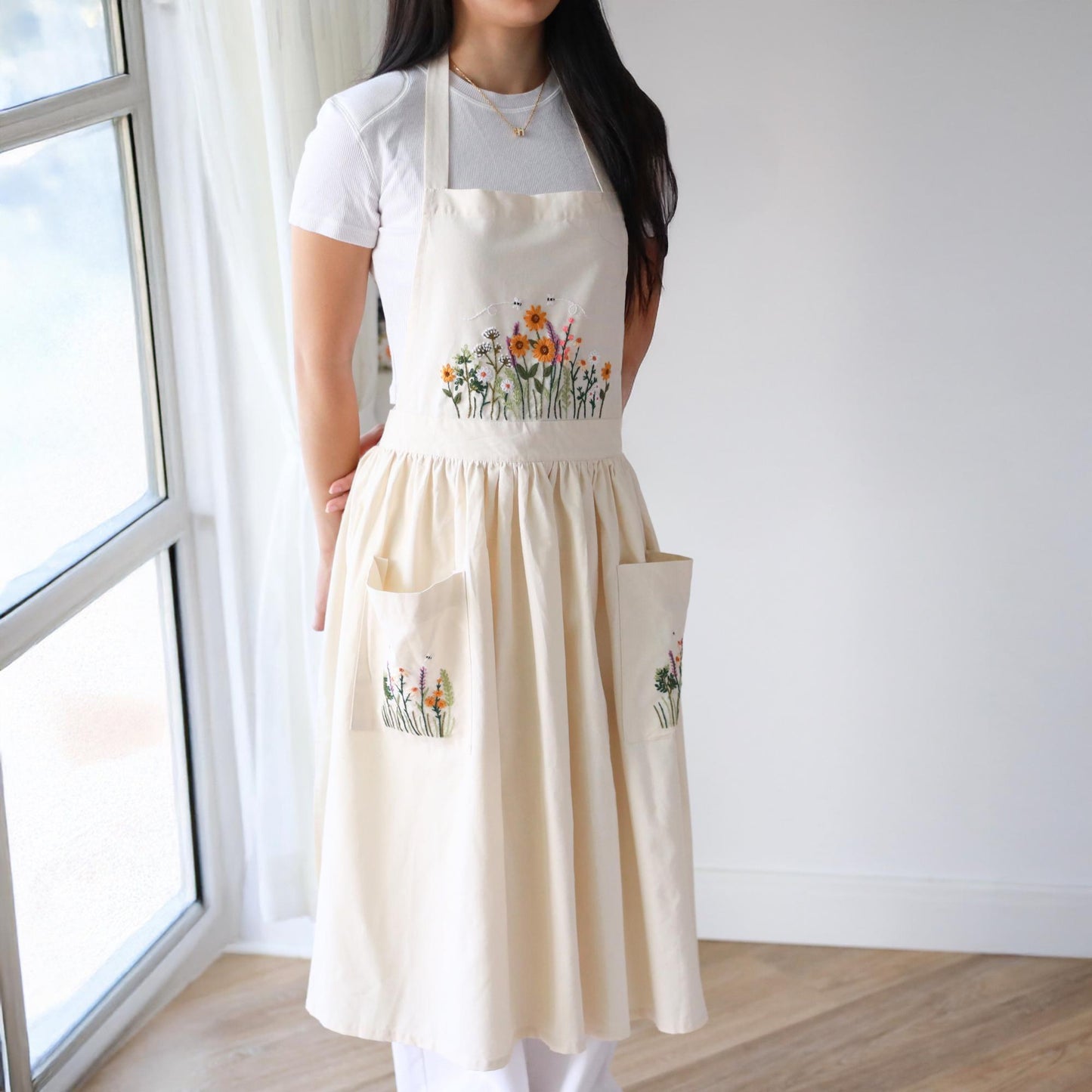 Hand Embroidered Cream Linen Apron