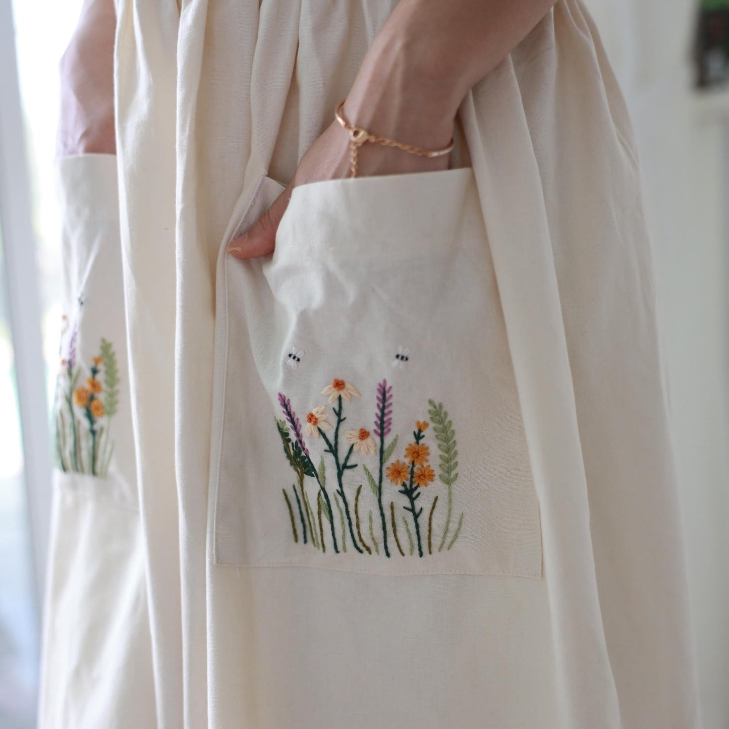 Hand Embroidered Cream Linen Apron