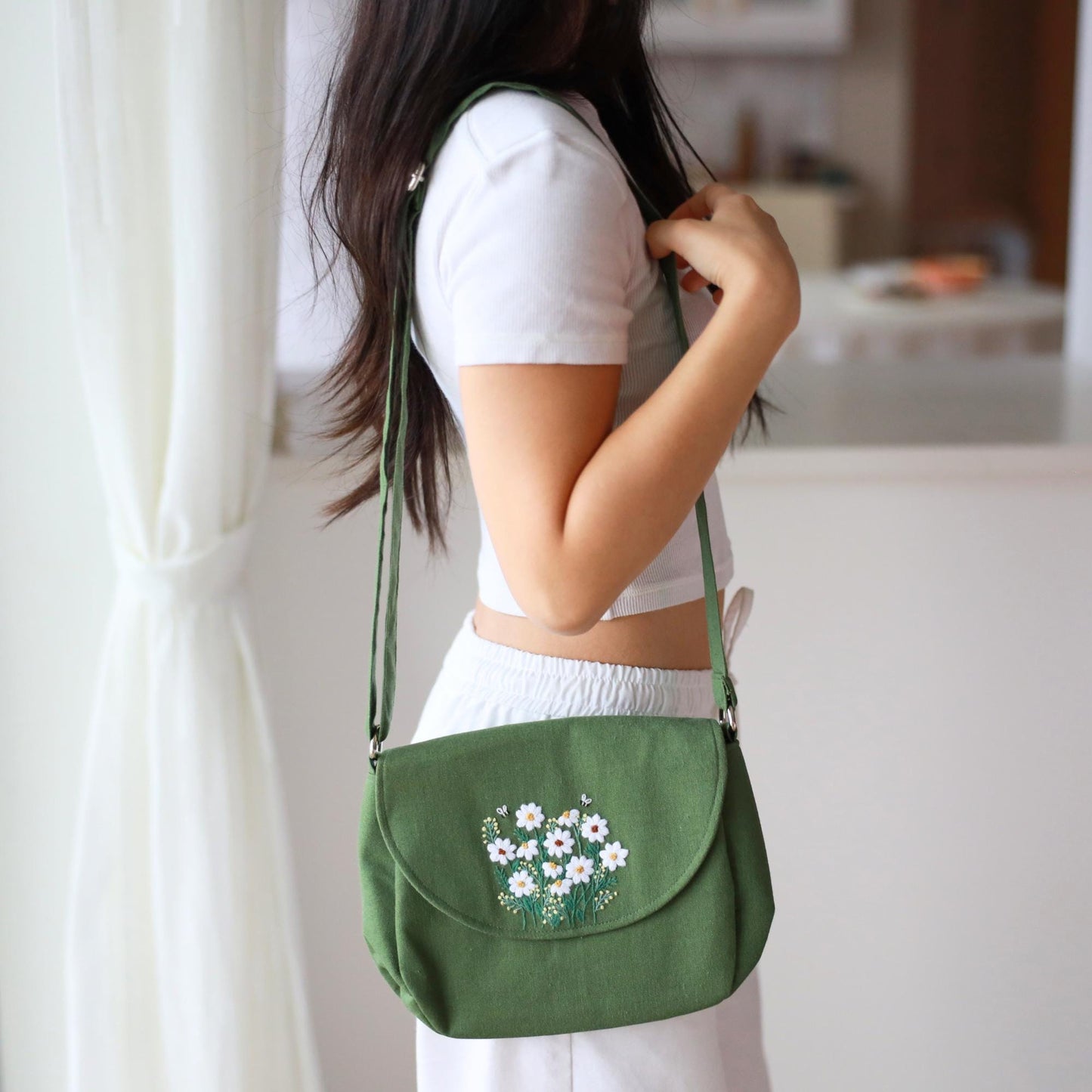 Moss Green Hand Embroidered Crossbody Bag