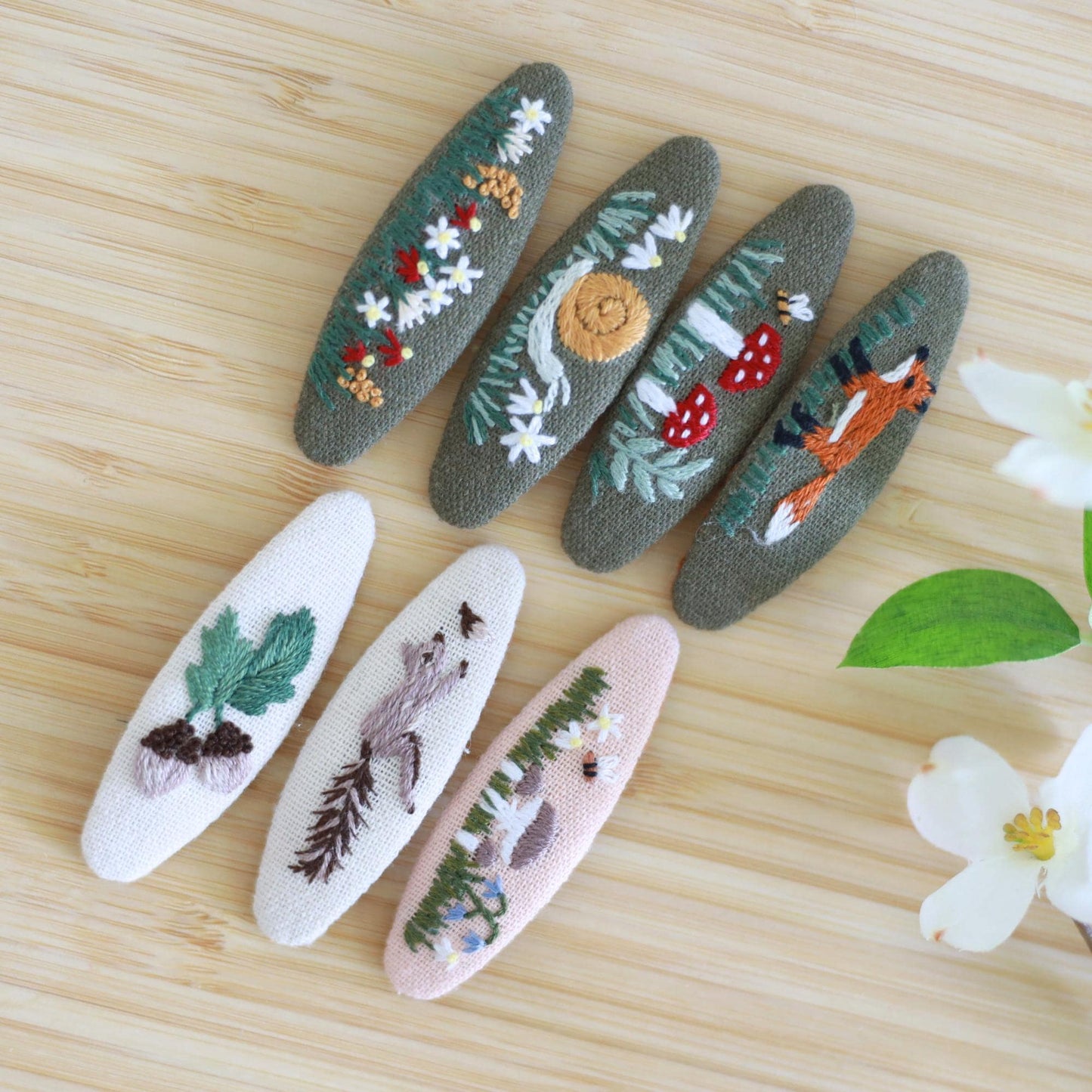 Floral Embroidered Woodland Hair Clips