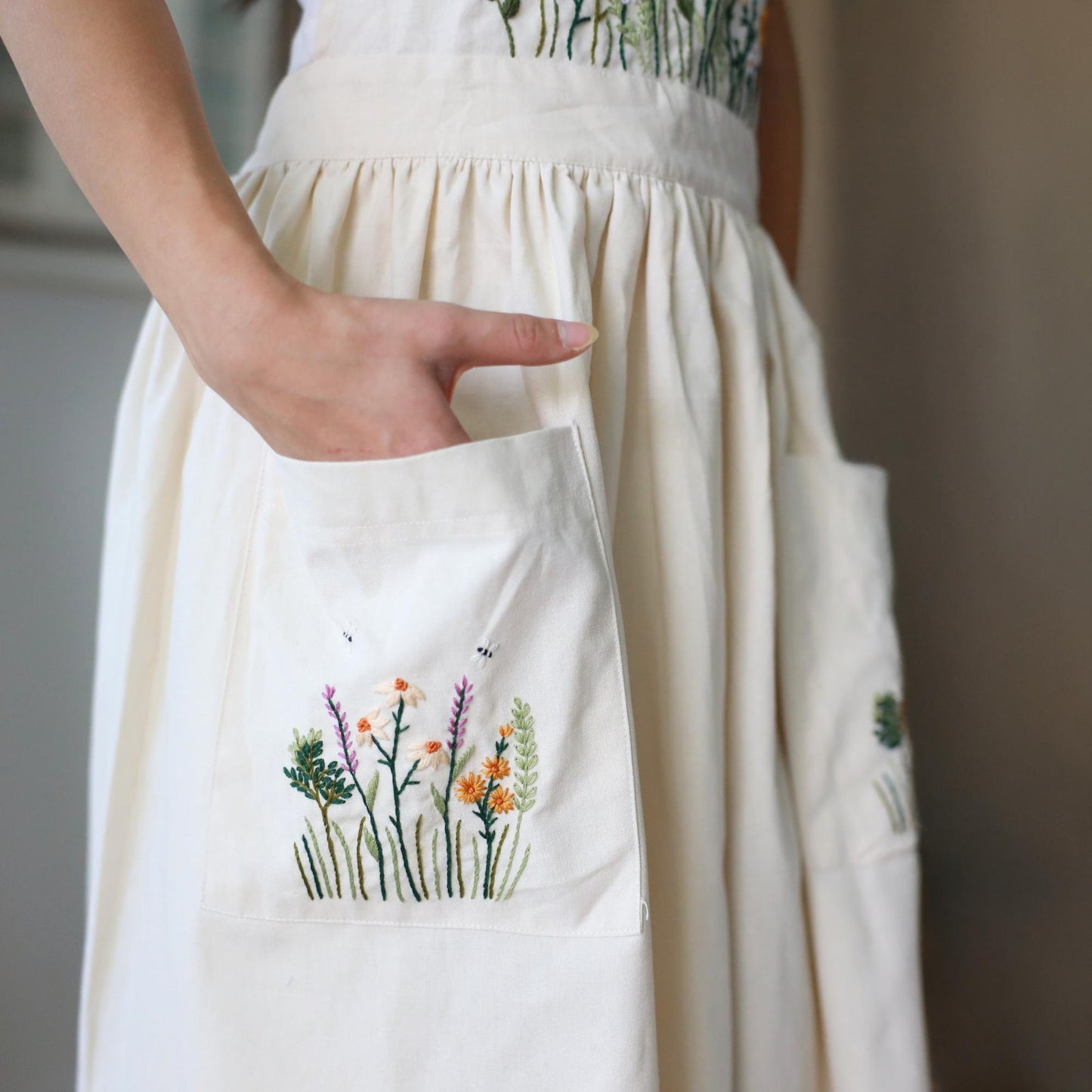 Hand Embroidered Cream Linen Apron