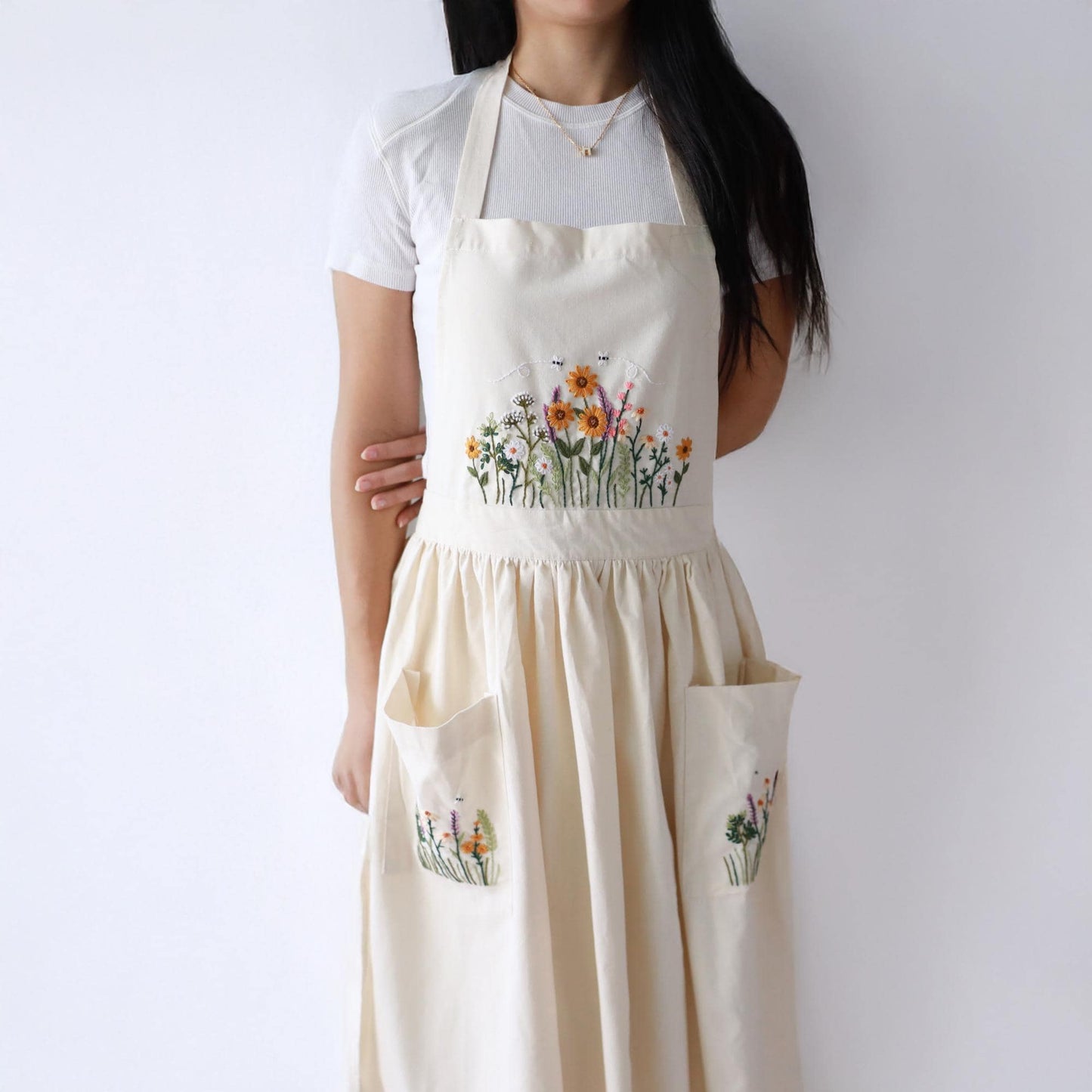 Hand Embroidered Cream Linen Apron