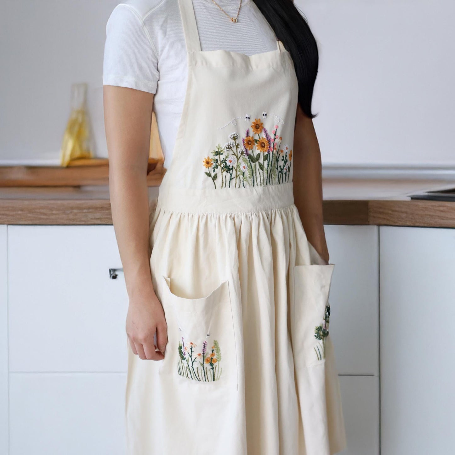 Hand Embroidered Cream Linen Apron