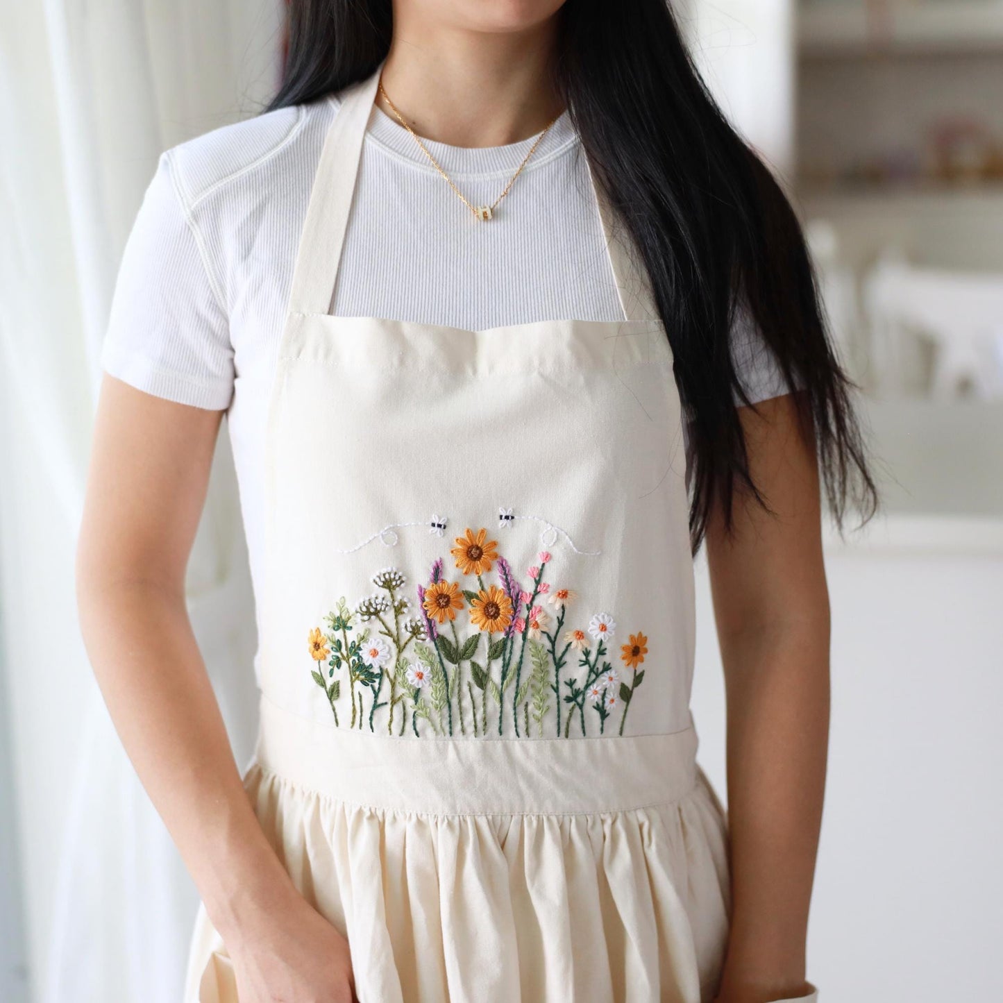 Hand Embroidered Cream Linen Apron